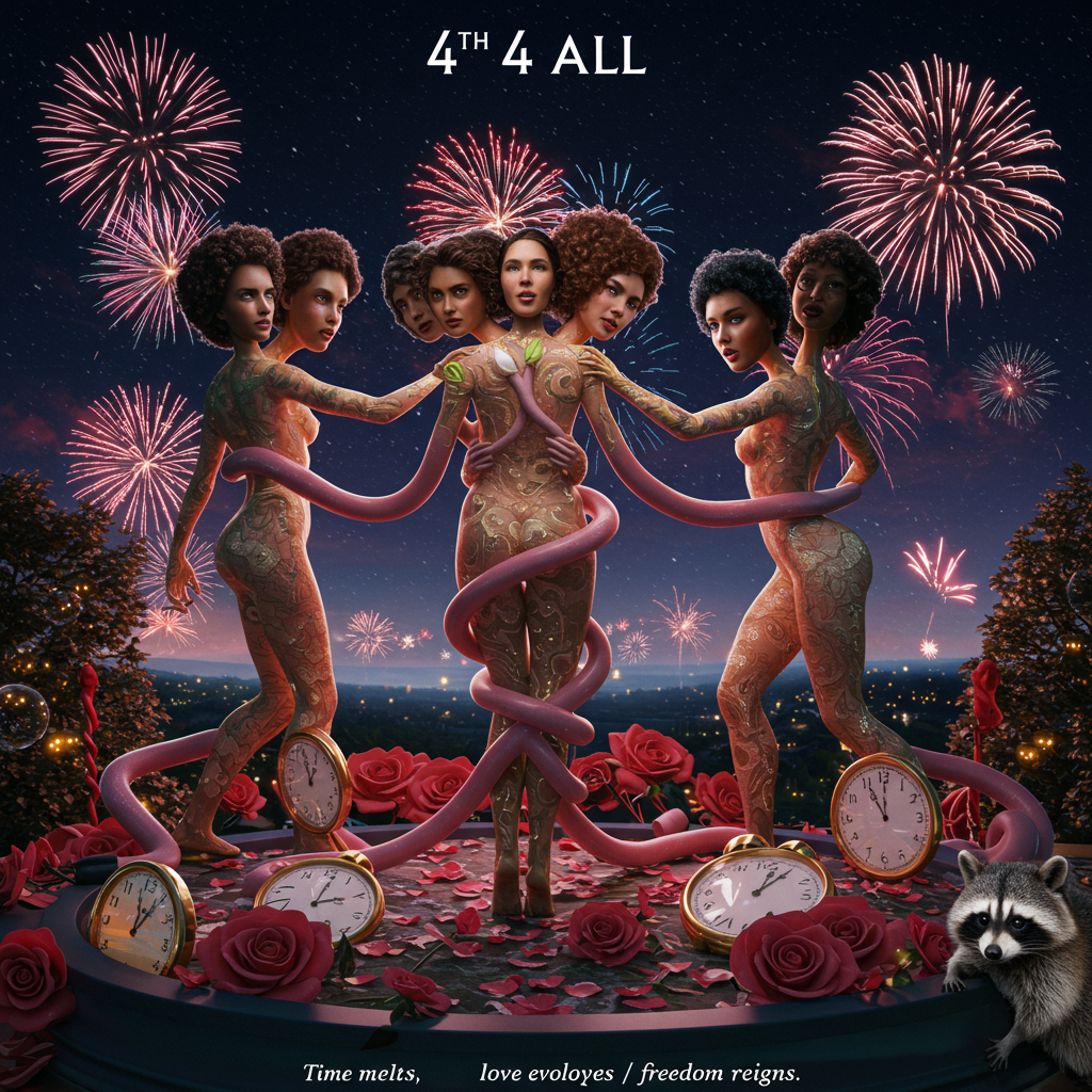At the top of the Surreal Style image, include the text: **4th 4 All**

---

**Image Prompt:**

A dreamlike, surreal anniversary scene set against a backdrop of fireworks in a night sky, reminiscent of a Fourth of July celebration. Five intertwined female figures, each with an extra head representing diverse aspects of women's liberation, are depicted in a fluid dance. Their bodies blend seamlessly into ethereal reptilian symbiotes, with scales that shimmer like fireworks. Their elongated limbs reach out, connecting and entwining in an erotic embrace, symbolizing unity and passion. 

Below, an enchanting landscape unfurls, with elements like oversized roses and clocks melting into each other, nodding to the passage of time and love's endurance. The lighting is soft and mystical, casting a warm, inviting glow. A playful rabies-infected raccoon, embodying mischief, peeks from the edge, adding a touch of humor. This surreal tableau celebrates freedom, love, and togetherness in a whimsical and romantic manner. 

---

**Optional Text (if it adds to the image):** "Time melts, love evolves, freedom reigns."
Generated with these themes: Fourth of july, Women’s liberation, Rabies, Erotica, 5 heads, Reptilian symbiotes, and .
Made with ❤️ by AI.