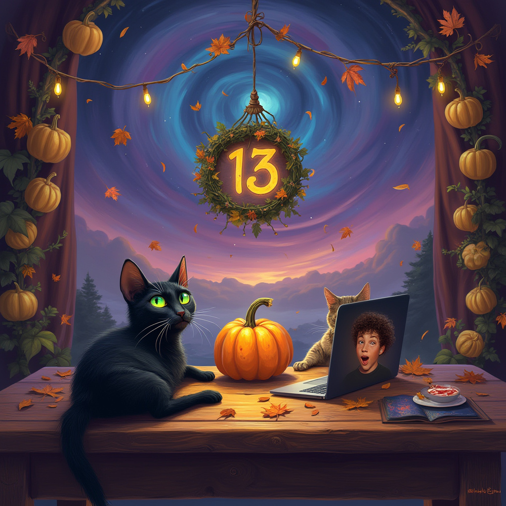 In a vibrant dreamscape set under a swirling sky painted in shades of twilight purples and deep blues, a whimsical scene unfolds. A grand, oak table, ancient and robust, sits at the heart of the image, its surface cluttered with objects that form an unlikely assemblage of the day. On one side, a sleek black cat with eyes like polished emeralds lounges nonchalantly, its tail curling around a laptop that hums softly with an eerie glow, the screen displaying the number "13" in bold, luminescent font as though it were counting down to a cosmic secret. Across the table, a tabby cat, with fur mottled in gold and copper hues, intently bats at a perfectly round, golden-brown pumpkin croquette that teeters on the edge, threatening to tumble to the floor. A garland of small, delicate lights is strung above, casting a warm glow over the setting. The centerpiece of this gathering is a whimsical portrait of a character named Charlie—a young figure with wild, curly hair and an expression of joyous surprise—framed by pumpkin vines and hanging on an invisible wall in the backdrop. Scattered autumn leaves gently fall from nowhere, adding an ethereal touch, while a soft, distant tune seems to drift in the air, completing the surreal birthday tableau where these elements converge in harmonious yet delightful chaos.
Generated with these themes: Black cat, Tabby cat, 13, Laptop, Pumpkin croquette, and Charlie.
Made with ❤️ by AI.