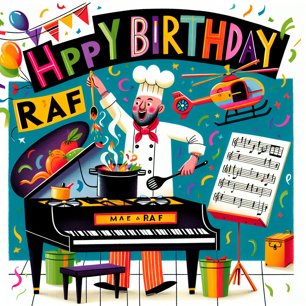 A whimsical birthday illustration displaying the phrase 'Happy Birthday Raf' in bold, playful lettering at the top. The central figure, Raf, is characterized as a male chef joyously engaged in cooking at a stove. He has a Caucasian descent and sports a chef's hat. A colorful, vibrant helicopter hovers above, sprinkling confetti in celebration. Below this scene, there lies a grand piano, upon its stand is sheet music showcasing jazz notes - a nod to Raf's love for music.
Generated with these themes: Happy Birthday , Raf, Helicopter, Cooking, Piano, and Jazz.
Made with ❤️ by AI.