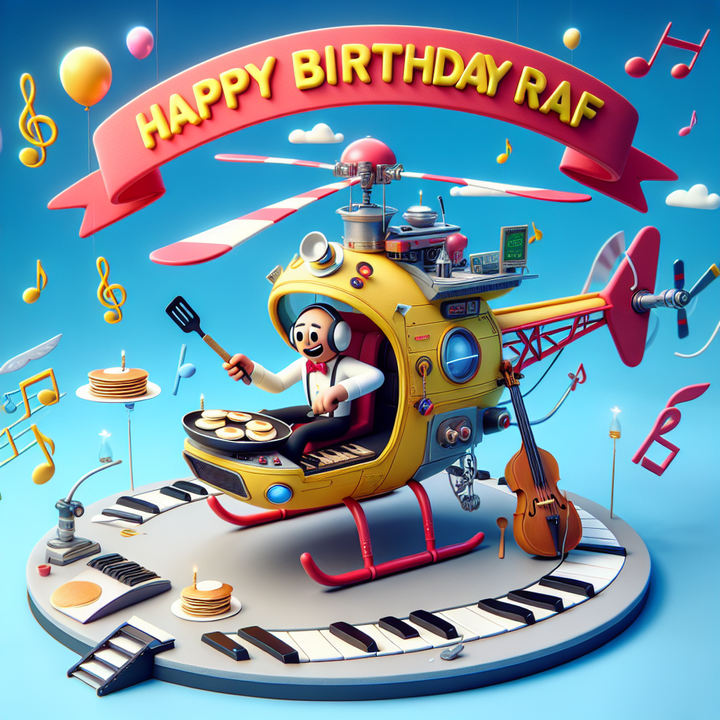 An image depicting a festive and vibrant scene displaying a 'Happy Birthday Raf' banner floating in the sky. A cartoon character, Raf, possibly of any descent and gender, is sitting within an imaginative, cartoon-style helicopter that is cleverly designed to also function as a kitchen. In one hand, Raf is holding a spatula and actively cooking pancakes. Surprisingly, a piano keyboard extends from the helicopter's cockpit, adding a musical theme to the scene. To enhance the celebratory mood, jazz music symbols are scattered in the surrounding airspace, contributing to the overall joyful and musical birthday atmosphere.
Generated with these themes: Happy Birthday , Raf, Helicopter, Cooking, Piano, and Jazz.
Made with ❤️ by AI.