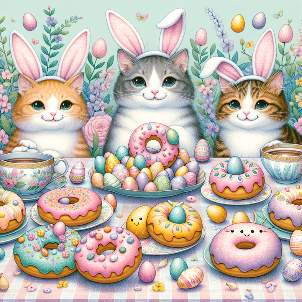 Create a delightful Easter-themed illustration depicting cats having a whimsical tea party. The cats, wearing pastel Easter bunny ears, are gathered around a table filled with a variety of Easter donuts, each adorned with vibrant icing and sprinkles, some creatively shaped like eggs and bunnies. The backdrop is infused with gentle spring hues, and hidden Easter eggs are subtly sprinkled throughout the scene, contributing to the celebratory ambiance.
Generated with these themes: Cats, Easter, and Donuts.
Made with ❤️ by AI.