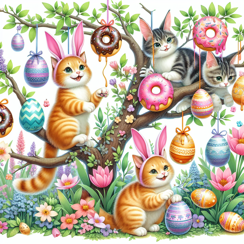 Create a delightful springtime illustration showcasing a grouping of jovial cats partaking in an Easter donut hunt. Adorned in miniature rabbit ears, these felines play among flourishing flowers and multicolored Easter eggs. Their paws are extended towards donuts that hang from tree limbs like decorations, an intriguing mix of the Easter spirit and a sugary flair.
Generated with these themes: Cats, Easter, and Donuts.
Made with ❤️ by AI.