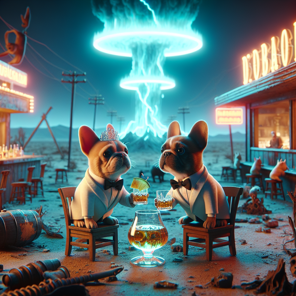 Visualize an animated, post-apocalyptic world infused with a sense of surrealism. Two French bulldogs in miniature wedding attire explore this barren landscape. They discover an antiquated saloon with flickering neon lights. Inside this saloon, they commemorate their wedding anniversary by raising a toast. They make a toast using glasses filled with an irradiated whisky that radiates an eerie glow. In overt defiance of physics, the whisky floats in the air momentarily before being cheerfully sipped by the bulldogs.
Generated with these themes: Fallout video game, Wedding anniversary, French bulldogs, and Drinking whisky.
Made with ❤️ by AI.