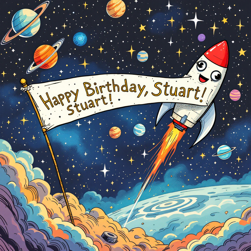 In this whimsical, space-themed birthday scene, the card's front cover is a vibrant comic strip brought to life. The background is a cosmic expanse filled with twinkling stars and swirling nebulas, reminiscent of Winsor McCay's dreamy illustrations, with deep blues and purples setting a fantastical backdrop. Floating amidst the stars are playful, cartoonish planets with exaggerated features; one planet sports a smiling face with a top hat and monocle, channeling a Gary Larson-like humor. 

A rocket ship, styled with the charming simplicity of Charles Schulz's linework, zooms across the card. It has large, friendly eyes on the cockpit and a wide, goofy grin, as if it knows it's part of a birthday surprise. Emerging from the rocket's side is a banner that reads "Happy Birthday, Stuart!" in bold, bubbly letters. The banner flutters like a flag in the vacuum of space, each letter twinkling as if it’s made of stardust.

Beneath the banner, a group of cheerful aliens, inspired by Osamu Tezuka's character designs, are having a birthday party on an asteroid. These aliens are adorably quirky, with varying numbers of eyes and arms, all wearing colorful party hats. One alien holds a cake decorated with sparklers and a large numeral candle shaped like a "10," and another is setting up a telescope to take a closer look at a nearby planet that strangely resembles a giant birthday balloon.

In the distance, the rings of a Saturn-like planet spell out "Stuart" in a continuous loop, echoing a sense of celestial celebration. The whole scene is wrapped up with a playful sense of adventure and discovery, as if Stuart's birthday is being celebrated across the universe, pulling elements from classic artists while weaving them into a uniquely delightful birthday cosmos.
Generated with these themes: Space.
Made with ❤️ by AI.