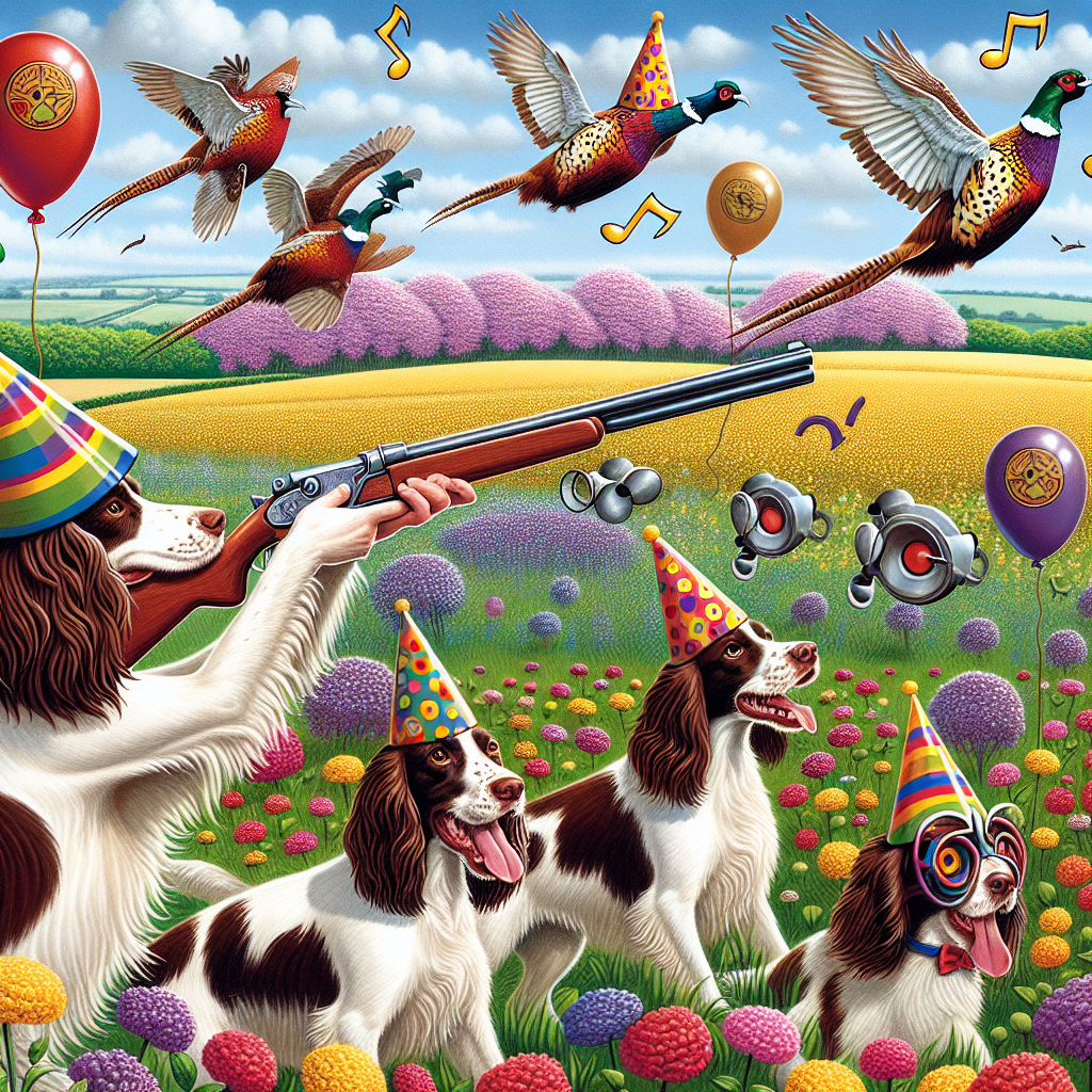 Illustrate a lively birthday party ambience set in a field of blooming flowers and lush greenery characteristic of spring. The focus of the scene is a happy group of springer spaniels wearing colorful party hats actively participating in a playful pheasant shooting imitation. The pheasants are humorously styled to dodge the pretend firearms. Amplifying the atmosphere is a creative integration of a classic rock band's symbol adorned across the sky without naming the band. Balloons themed with symbols of the unnamed rock band float around, while floating musical note confetti allude to the rock classics permeating the environment.
Generated with these themes: Pheasant shooting , AC/DC , springer spaniels.
Made with ❤️ by AI.
