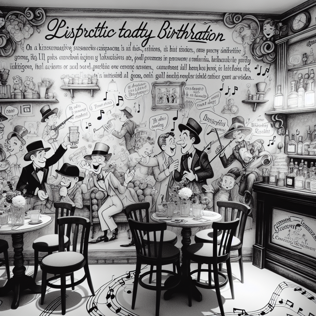 Imagine a whimsical cartoon birthday celebration unfolding inside a quaint coffee shop, maintaining a classic film noir theme in tones of black and white. Descriptive characters, reminiscent of iconic cinema stars from the early 1900s, add an element of vintage charm as they interact with the party guests. Above them, animated musical notes from well-loved Broadway shows of the era float, contributing to an ambiance of merriment and warmth. A petite bar located in one corner serves animated caricatures of gin cocktails, each garnished with playful additions that burst with color against the monochromatic backdrop.
Generated with these themes: Costa coffee, Black and white films, Musicals, and Gin.
Made with ❤️ by AI.