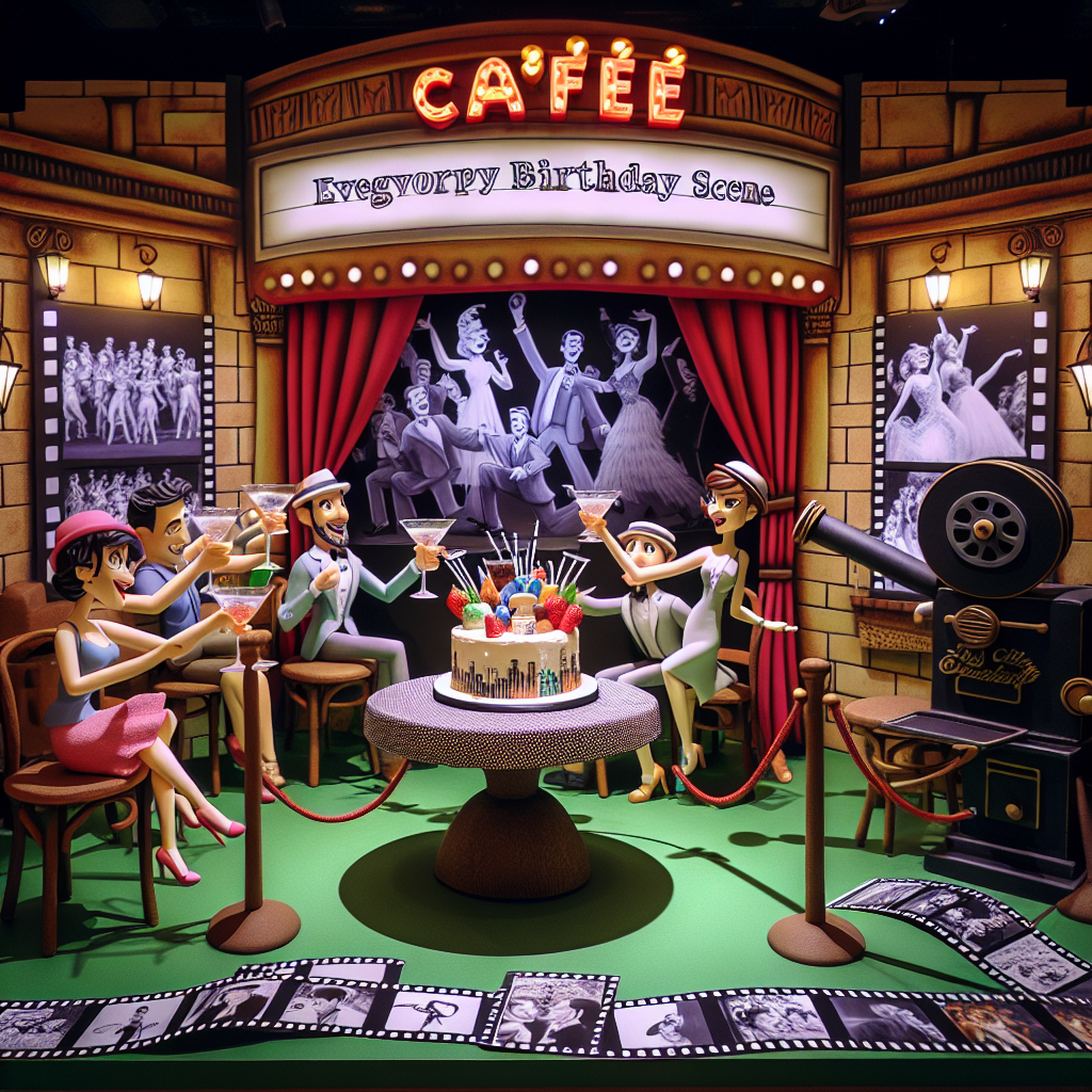 Envision a festive birthday scene set within an animated coffee shop, resembling a striking cartoon version of a beloved local café. The vibrant café walls are decorated with black and white filmstrips which display moments from revered classic musicals. Animated characters, echoing the allure of iconic figures from cinema's yesteryears, are joyfully raising their glasses filled with gin cocktails in a toast. The sound of glass clinking blends harmoniously with the café's atmosphere. Set up in the background, an old film projector casts images of memorable dance scenes. The centerpiece of this setting is a birthday cake, uniquely adorned with a miniature coffee cup and film reel, invitingly placed amidst musical notes and heart shapes.
Generated with these themes: Costa coffee, Black and white films, Musicals, and Gin.
Made with ❤️ by AI.