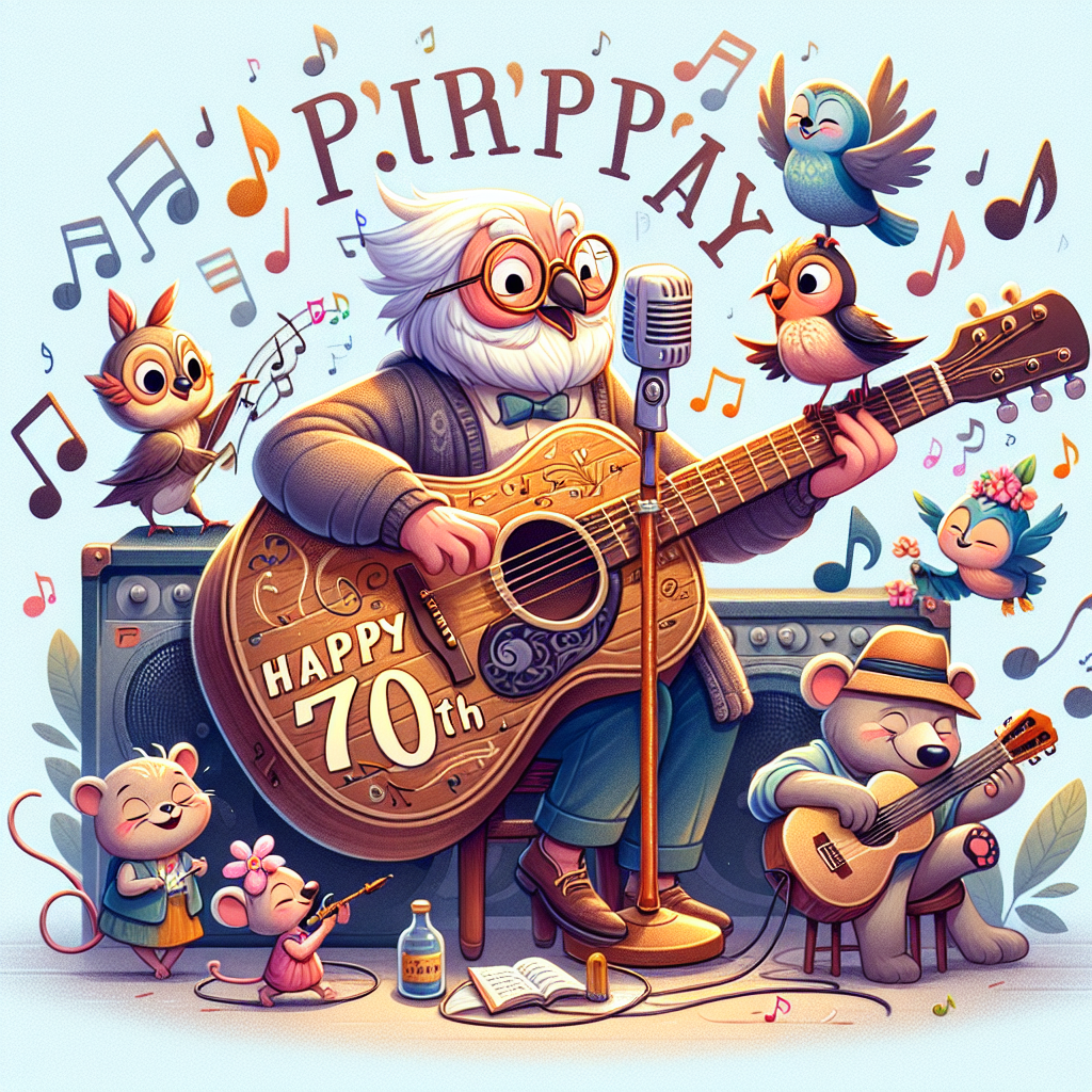 Design an image that conveys the joy of music for a 70th birthday celebration. The central piece should be a vintage guitar adorned with the words 'Happy 70th' on its body. Animated characters surround the guitar, engrossed in music. An elderly owl, seen with a microphone, leads the group in melodious singing. A jovial bear is seen strumming the guitar gently, while nearby, a tiny mouse is busy writing a song. Musical notes float around them in the air, symbolizing a life filled with melodies and rich musical memories.
Generated with these themes: 70th birthday , Music , Guitars , Singing, and Writing .
Made with ❤️ by AI.