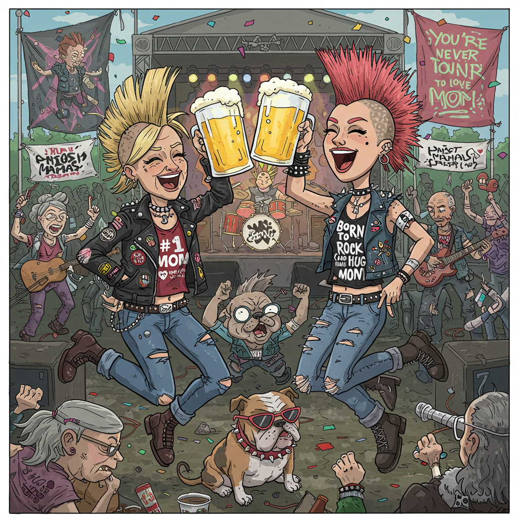 **Prompt:**

A vibrant cartoon scene at a raucous punk rock festival. In the middle of the chaos, two stylish blondes — one slightly older with a leather jacket bedazzled with “#1 Mom” patches and the other younger with spiked hair and a band tee that says “Born to Rock (and Hug Mom)” — are clinking oversized beers mid-jump, as if caught mid-celebration. They're laughing wildly, eyeliner slightly smudged, with mohawks and piercings galore all around them. Confetti and punk banners fill the air, with the festival stage in the background blasting music from a band called “The Mosh Mamas.” In front of them, a comically unimpressed bulldog wearing tiny sunglasses and a studded collar sits calmly in the mosh pit chaos. Somewhere nearby, a graffiti wall reads in neon spray paint: "You're Never Too Punk to Love Your Mom."  

Bright, exaggerated cartoon style with high-energy colors, bold outlines, and funny background characters adding extra whimsy — like a tiny grandma punk flying through the air stage-diving.
Generated with these themes: Mother and daughter blondes and punks, They have a beer in their hands, They love each other, and They are in a punk rock festival.
Made with ❤️ by AI.
