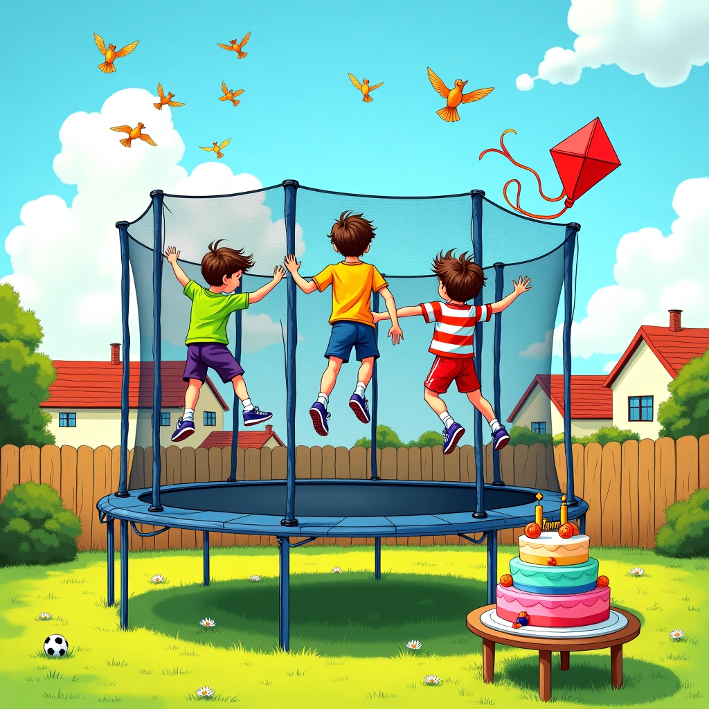 The front cover of this birthday greeting card will be a dynamic, hand-drawn scene that captures a moment of lively, youthful energy. The setting is a sunny, suburban backyard with a bright blue sky dotted with fluffy white clouds. In the background, a row of cheerful houses can be seen, each with neatly trimmed lawns and a few garden gnomes peeking from behind the bushes, reminiscent of the quaint details found in Beatrix Potter's illustrations.

In the foreground, a large, colorful trampoline takes center stage. The trampoline's safety net is designed with intricate, swirling patterns, akin to the delicate linework of Aubrey Beardsley. The trampoline mat is a deep navy blue, providing a vivid contrast against the sunlit grass, which is a lush, verdant green with subtle blades and daisies peeking through, echoing Maurice Sendak's appreciation for nature.

Bouncing high above the trampoline, a group of energetic children, aged around nine, are depicted mid-air. They're wearing vibrant sports attire in a kaleidoscope of colors: one child in a neon green shirt with red shorts, another in a striped orange and blue jersey, and a third in a purple and yellow tracksuit. Each child's hair is animatedly tousled, and they wear brightly colored sneakers with visible shoelaces flying about, illustrating Quentin Blake's whimsical style.

To the side of the trampoline, a birthday cake rests on a small, rustic wooden table, similar to those found in Norman Rockwell's idyllic scenes. The cake is a multi-tiered masterpiece, frosted in shades of teal and yellow, adorned with little sugar-made basketballs and soccer balls. On the top tier of the cake, formed with fondant stars, is the name "James," elegantly scrawled in an Edward Gorey-esque typeface.

In the sky above, a flock of cheerful birds, illustrated with the grace of Arthur Rackham's creatures, flutters across, casting playful shadows on the scene below. A small red kite, with a tail of cascading ribbons, soars high, trailing off the card's edge, giving a sense of boundless adventure. This celebratory, bustling scene captures the essence of a perfect day for an active and cool nine-year-old like James.
Generated with these themes: Trampoline , Active, Sport, Cool, and 9 year old.
Made with ❤️ by AI.