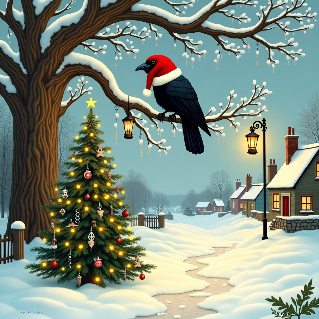 In the foreground of this whimsical yet solemn Christmas card, a large, gnarled oak tree stands proud amidst a blanket of freshly fallen snow, its branches weighed down with soft, fluffy clusters of snowflakes. Perched on one of these branches, a raven is draped in a delightfully oversized, red Santa hat, its glossy black feathers stark against the white backdrop. The raven's beady eyes are fixed on a charmingly decorated Christmas tree, just a few steps away. This Christmas tree is a smaller, conical evergreen, its branches adorned with an eclectic collection of ornaments. Tiny lanterns shaped like Victorian street lamps dangle from the branches, casting a warm golden glow over the snow below. Among the ornaments, miniature musical instruments, hand-carved wooden figurines, and glistening icicles catch the eye, reminiscent of a Norman Rockwell wintery tale. A few stray snowflakes gently fall, illuminated by the twinkling fairy lights that wrap around the tree. In the background, a softly lit, antique lantern hangs from a shepherd's hook, casting elongated shadows across the snowy landscape, reminiscent of Arthur Rackham's enchanting illustrations. A pathway leads towards a distant village, its cobblestone streets lined with quaint, Beatrix Potter-esque cottages, their chimneys cheerily puffing out tendrils of smoke. The scene is enclosed by a delicate, swirling pattern of snowflakes and holly leaves, inspired by Aubrey Beardsley's intricate designs, framing the image like a gentle embrace.
Generated with these themes: raven wearing a santa hat outdoors snow decorated christmas tree.
Made with ❤️ by AI.