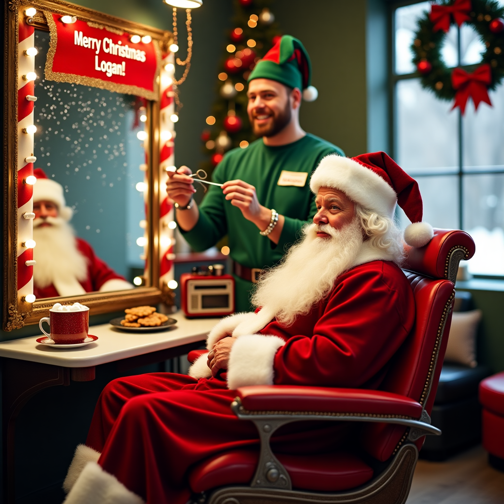 In a bustling and festively decorated hairdresser salon, Santa Claus sits in a classic red leather barber chair, wearing his iconic red suit with white fur trim, though his hat is hung on a nearby coat rack. The salon is a vibrant mix of traditional Christmas and vintage barber shop aesthetics, with candy cane striped barber poles outside the windows, wreaths hanging from every corner, and twinkling fairy lights illuminating the space. A cheerful male hairdresser, dressed in a green elf costume complete with pointy ears and a name tag that reads “Logan,” is snipping away at Santa’s snowy white locks with a pair of gleaming silver scissors. Santa gazes into an ornate gold-framed mirror, which reflects his jolly face and the tiny snowflakes that gently drift down from a decorative snow machine. Above the mirror, a large, festive banner reads "Merry Christmas Logan!" in glittery letters, cleverly incorporating the recipient’s name into the scene. On a counter beside Santa, there's a steaming mug of hot cocoa with marshmallows and a plate of gingerbread cookies, adding a touch of warmth and coziness. In the background, a vintage radio softly plays Christmas tunes, completing this unique and delightful holiday scene.
Generated with these themes: Santa, Hairdresser salon, Merry Christmas Logan banner, and Santa looking into mirror with male hairdresser cutting his hair.
Made with ❤️ by AI.