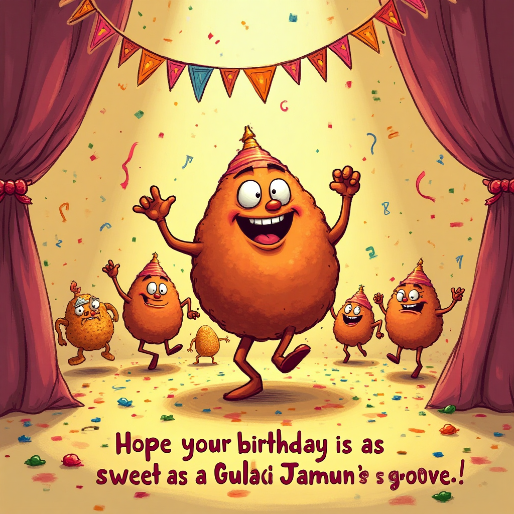 Indian sweet, Illustration , Quirky, Face, Dancing, Party, and Birthday Card