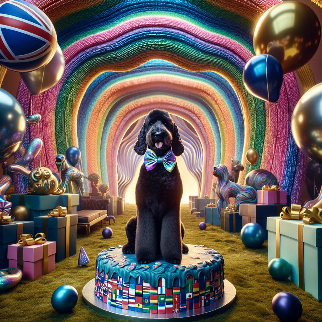 Set in a dreamlike environment, a black Goldendoodle sporting an iridescent bow tie stands proudly atop an elaborately decorated cake inspired by the international music competition theme. Behind the dog, an arch made of balloons contorts into bizarre shapes, each balloon mirroring a different year's contest of the said music event. The ground is scattered with presents wrapped in paper that transitions between flags of different countries participating in the competition, while overhead, the sky pulsates with the hues representative of the competing nations.
Generated with these themes: Black Goldendoodle dog , and Eurovision .
Made with ❤️ by AI.