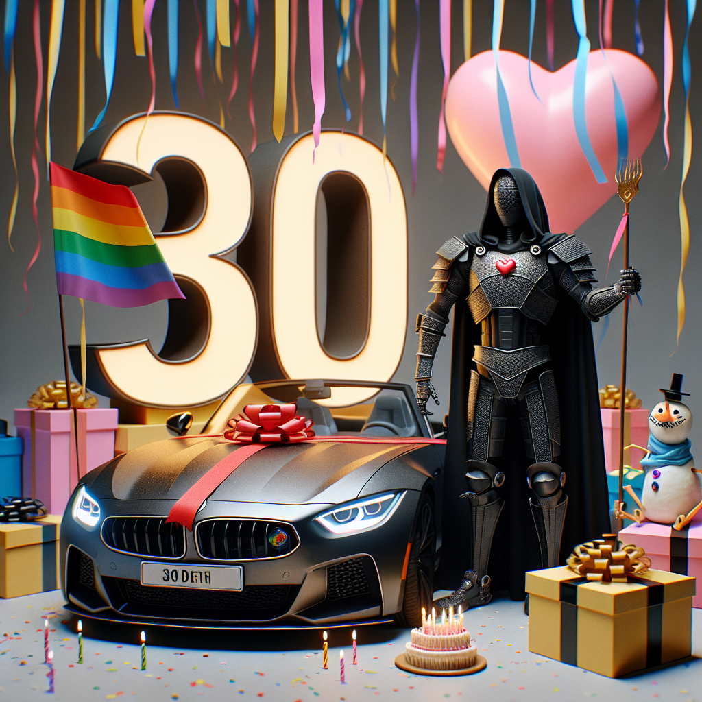 In a setting filled with a celebratory mood, a quirky '30' stands as the centerpiece, covered in streamers. Next to it, a tall animated figure clad in a black armor, not dissimilar to a knight or a samurai, holds a heart-shaped flag representing LGBTQ pride, rendering the scene inclusive. Set to the side is a sleek, high-end convertible car, plausible to be from a luxury Italian car manufacturer, arranged as a present - its hood decorated festively as a gift with a large bow and words conveying wishes for birthdays.
Generated with these themes: 30, Darth Vader , Lgbtq, and Ferrari.
Made with ❤️ by AI.