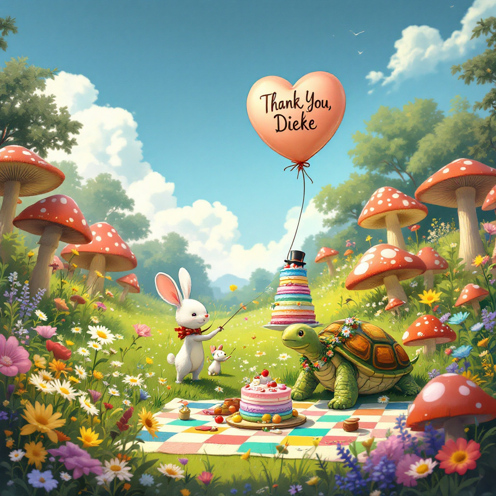 The scene unfolds in a lush, enchanting meadow bursting with vibrant wildflowers and whimsically oversized mushrooms, reminiscent of Winsor McCay's dreamscapes. At the center, a large, heart-shaped balloon floats gently in the air, its ribbon tethered to the ground by a small, adorable white mouse wearing a tiny top hat, nodding to Walt Disney's sense of whimsy. The balloon's surface is inscribed with "Thank You, Dieke" in a playful, swirling script, as if carried by a gentle breeze. In the foreground, a couple of charming, anthropomorphic animals—a rabbit and a fox, inspired by Bill Watterson's expressive characters—are presenting a garland made of daisies and dandelions to a delighted, smiling turtle who sits atop a vintage, patchwork quilt picnic spread. Scattered around the quilt are an array of delicacies: a towering, colorful cake with multiple layers, each representing a different pastel hue, reminiscent of Hergé's clear line style; a basket of freshly picked strawberries; and a pitcher of lemonade with condensation dripping down the sides, nodding to the classic picnic imagery. In the background, a bright blue sky is painted with fluffy, cartoonish clouds, each shaped like a different playful animal, and hidden among these clouds is a subtle arrangement of letters spelling out "Dieke" as if crafted by the winds themselves. A gentle breeze sways the tall grass, creating a sense of movement, while butterflies with translucent, shimmering wings flutter around, completing the enchanting and heartfelt tableau.
Generated with these themes: Love.
Made with ❤️ by AI.