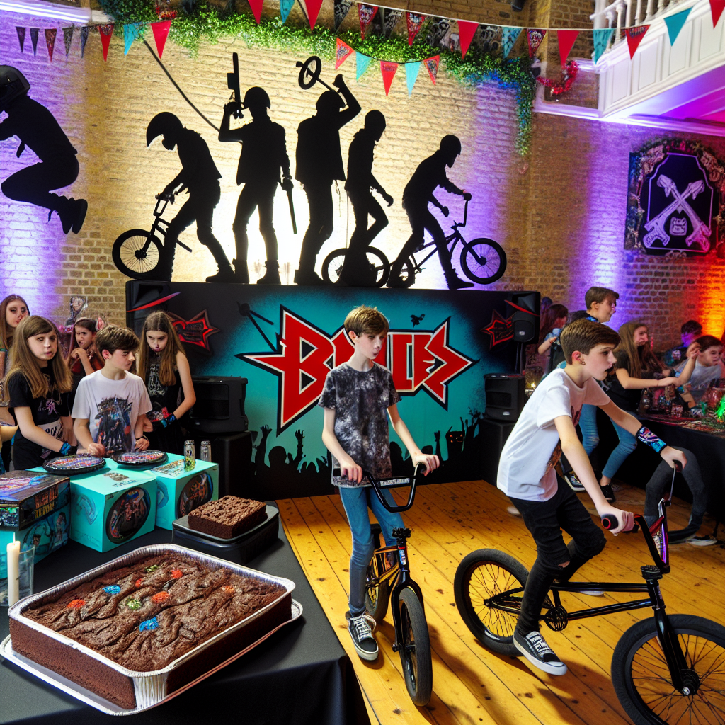 A distinctive 13th birthday party theme with an exciting twist featuring a stunt show with BMX bikes and scooters, performed to the powerful rhythm of alternative and electronic music. The celebration venue is adorned with vibrant banners and posters depicting silhouettes of rock bands, along with a corner dedicated to gaming featuring the latest console for virtual adventures. Throughout the scene, laughter and cheers can be heard as the aroma of unusual looking brownies wafts through the air, adding an element of mischief to the festivities. In the crowd, teenage guests of various descents and genders enjoy the party.
Generated with these themes: 13th birthday, BMX , Scooter , Slipknot , Green day, Skrillex, Weed, and PlayStation .
Made with ❤️ by AI.