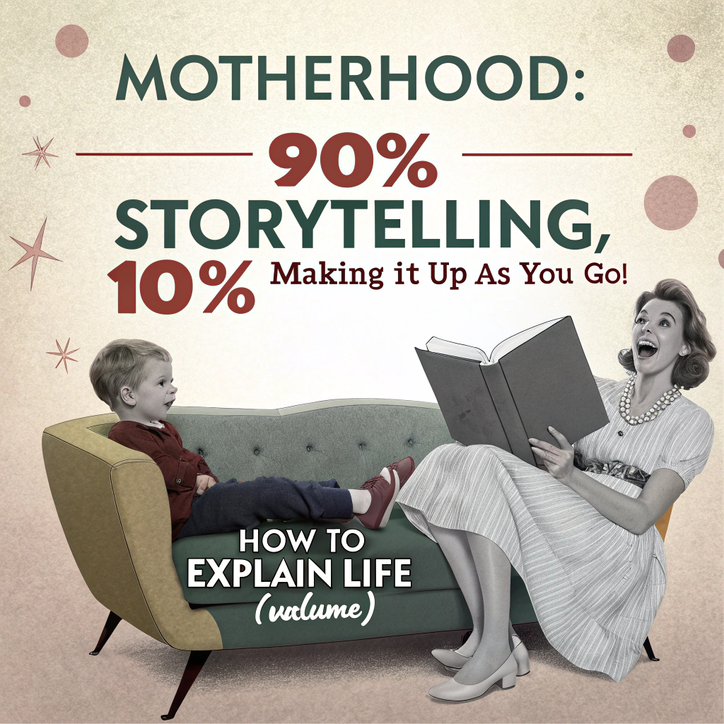 At the top of the image, "Motherhood: 90% Storytelling, 10% Making It Up as You Go!"

- Create a funny, vintage-style illustrated scene: a white woman in her 30s, wearing a classic early 1960s house dress with a cinched waist and pearls, is sitting on a mid-century modern sofa with two young children — a boy in short trousers and suspenders, and a girl in a puff-sleeve dress with a bow in her hair.  
- The woman is holding an oversized, ridiculously thick book titled "How to Explain Life (Volume 1 of 873)" with wide-eyed seriousness.  
- The kids are looking at her in complete bewilderment — one clutching a teddy bear, the other dropping his jaw open dramatically.  
- Bright natural light spills through a big window with breezy curtains.  
- Scatter vintage toys like a jack-in-the-box and wooden blocks around the floor to enhance the retro, chaotic homey vibe.  
- Include a classic rotary phone sitting on a side table for an extra nostalgic touch.  
- Make the expressions of everyone exaggerated for a comedic effect.
Generated with these themes: the front illustration shows a white woman in her 30s reading a book to two young white children, a boy and a girl. They are all sitting on a living room sofa. There is natural light from at least one window.  The people are dressed in the clothing styles of the early 1960s. .
Made with ❤️ by AI.