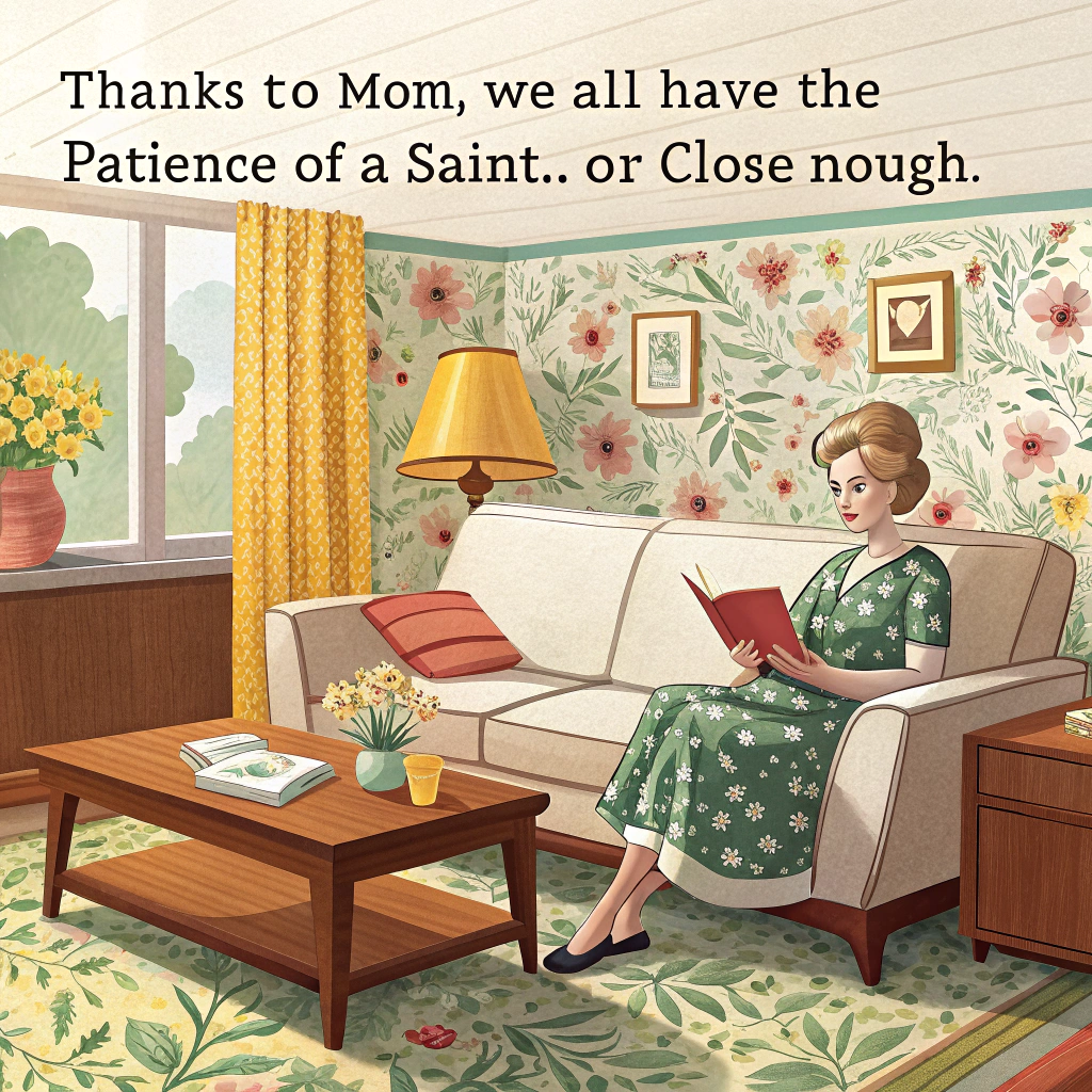 At the top of the image, "Thanks to Mom, we all have the patience of a saint... or close enough."

- In the center of the image, illustrate a cozy, brightly lit living room in the early 1960s style, complete with floral wallpaper, a wooden coffee table, and a big comfy sofa.  
- Sitting on the sofa is a white woman in her 30s, wearing a vintage tea-length dress with a classic 60s hairdo, reading a big hardcover storybook aloud.  
- Beside her, a young boy and girl, around 5-7 years old, are sitting and listening intently—*or at least pretending to*. The boy is half-slumped over, clearly trying not to doze off, while the girl is sneakily feeding popcorn to a very bored-looking cat sprawled on the floor.  
- Natural daylight pours in through a large window draped with light lace curtains, adding a soft glow to the whimsical chaos.  
- Add playful, subtle background details like a toy cowboy hat tossed behind the sofa and a forgotten cup of milk perched precariously on the armrest for extra vintage mischief vibes.  
- Overall, the tone should be charming, retro, and hilariously relatable, with lively hand-drawn illustration style.
Generated with these themes: the front illustration shows a white woman in her 30s reading a book to two young white children, a boy and a girl. They are all sitting on a living room sofa. There is natural light from at least one window.  The people are dressed in the clothing styles of the early 1960s. .
Made with ❤️ by AI.