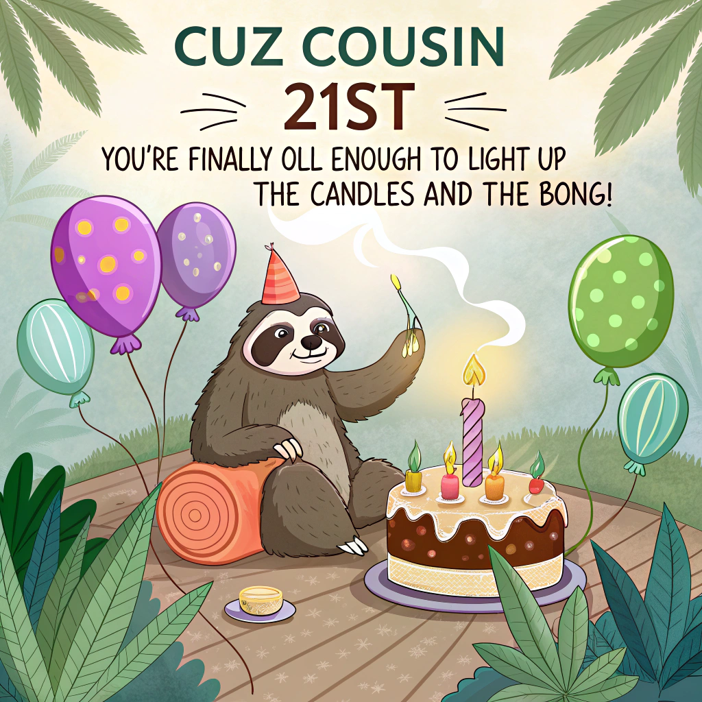 At the top of the image, "Cuz cousin 21st — you're finally old enough to light up the candles *and* the bong!"  

- Illustrate a playful cartoon scene of a wide-eyed, chill-looking stoner sloth lounging on a beanbag surrounded by birthday balloons shaped like giant weed leaves.  
- In front of the sloth is a psychedelic birthday cake where each candle is actually a tiny, glowing joint.  
- To one side, a party-hatted raccoon is lighting one of the cake-joints with a miniature bong shaped like a dragon.  
- The background is full of vibrant colors and subtle marijuana leaf patterns forming trippy clouds floating around.  
- Bonus detail: The birthday banner hanging above says "High Five to 21!" with puffs of smoke trailing off the letters.
Generated with these themes: Weed, Bongs, and Stoner .
Made with ❤️ by AI.