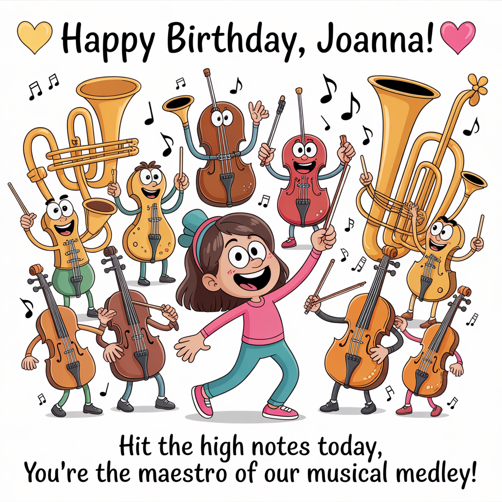 At the top of the image, "🎶 Happy Birthday, Joanna! 🎶":

At the bottom of the image, "Hit the high notes today, you're the maestro of our musical medley!"

- In the center of the image, depict a lively cartoon scene with Joanna, characterized by vibrant colors and exaggerated proportions, conducting a whimsical orchestra made up of animated musical instruments. Each instrument, from trumpets to violins, has a cheerful face and energetic pose, joining in a jubilant symphony to celebrate her special day.
Generated with these themes: Music, and .
Made with ❤️ by AI.