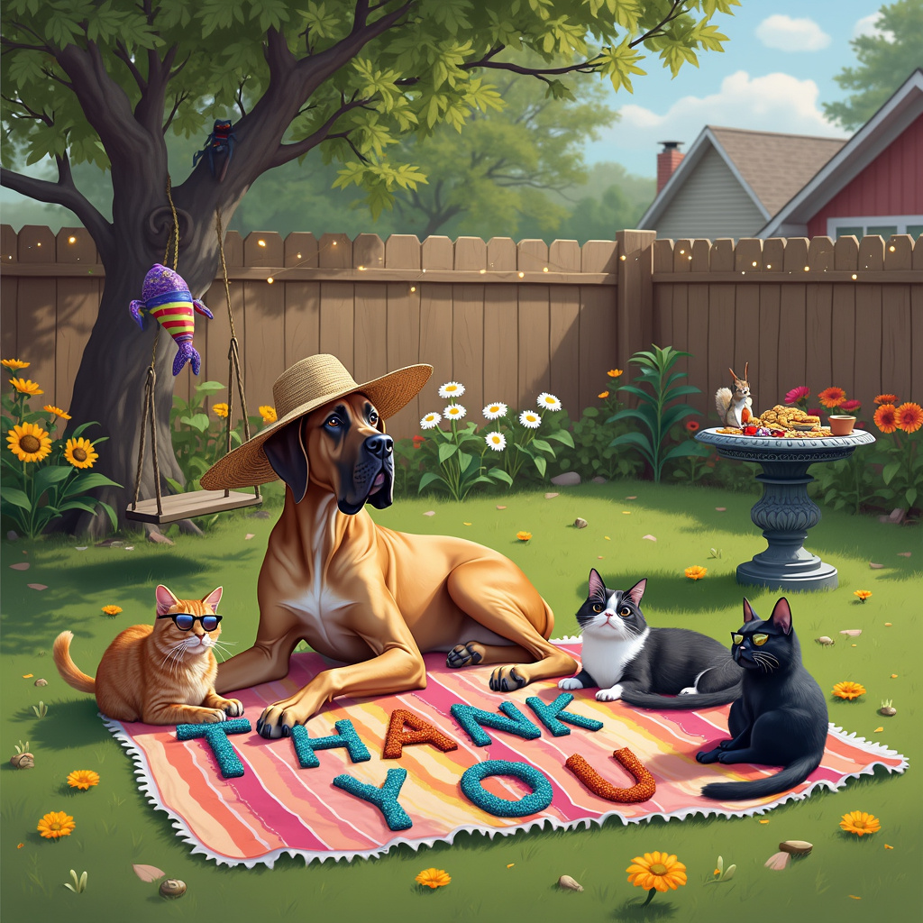 Imagine a whimsical suburban backyard, where a hilariously unexpected scene unfolds. At the center, a colossal Great Dane, Duke, lounges regally on a lush patch of green grass, wearing an oversized, floppy sunhat tilted comically to one side. Beside Duke, sprawled out on a vividly colored picnic blanket, are three mischievous cats: a ginger tabby named Whiskers, a sleek black cat named Midnight, and a fluffy white Persian named Snowball. Each cat is adorned with tiny sunglasses, giving them a cool, nonchalant appearance.

To the right, a low wooden fence adorned with twinkling fairy lights, even though it's daytime, separates the yard from a garden full of bright sunflowers and zinnias. The cats have created an elaborate "thank-you" message using garden tools, leaves, and colorful flowers that spell out "THANK YOU" in a whimsical, uneven scrawl across the blanket.

In the background, an ornate birdbath, perched on a stone pedestal, is being used as an impromptu snack table. It's covered with an array of treats, from tuna canapés (clearly intended for the cats) to enormous dog biscuits (undoubtedly for Duke). A tiny, cheeky squirrel with an acorn in its paws perches on the edge of the birdbath, eyeing the snacks curiously.

On the left side, a tree with a low-hanging tire swing sways gently in the breeze. Hanging from the tire swing is a colorful piñata shaped like a fish, slightly askew as if it's been batted around by playful paws. Nearby, a garden gnome statue is knocked over, adding a touch of chaotic charm to the scene.

Overall, this thank-you card scene is an endearing and humorous blend of elements, depicting a backyard where the personalities of Duke and the cats shine through their playful, unconventional antics.
Generated with these themes: Great Danes , and Cats .
Made with ❤️ by AI.