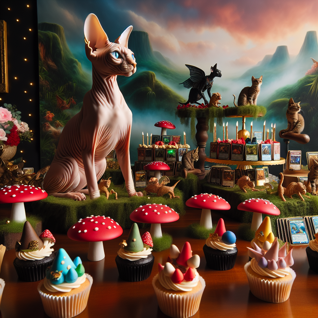A festive birthday scene that expertly blends elements of fantasy and reality. It is taking inspiration from the realm of a popular collectible card game, teasing viewers with a landscape filled with mystic motifs. Sphinx cats, bare-skinned and intriguing, serve as living sculptures amongst tables dotted with whimsical toadstool decorations. Delicate cupcakes, designed to look like various types of mushrooms from an enchanted woodland, line the tables. Adding to the ambiance are gaming cards that are subtly incorporated into the scene, enhancing its magical charm.
Generated with these themes: Magic the gathering, Sphinx cats , and Mushrooms.
Made with ❤️ by AI.