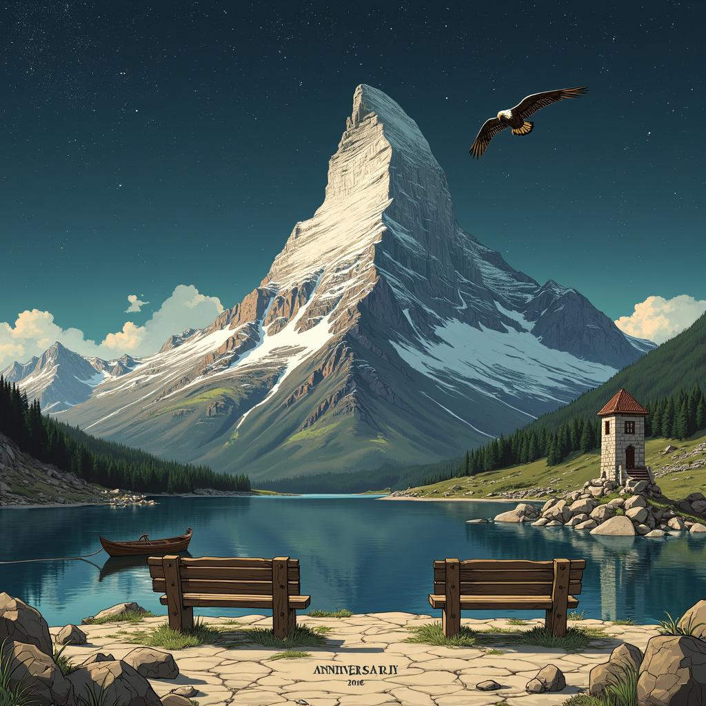 In this anniversary illustration, a lone, imposing mountain is illustrated in minute detail against a backdrop of a starry night sky. The mountain is depicted with a sharp peak that heavily contrasts against the dark sky. The mountain's surface is meticulously textured with craggy cliffs and scattered boulders. An old, stone-built watchtower overlooks a valley from halfway up the mountain, with a dim light visible in its highest window. At the base of the mountain lies a reflective lake casting the mountain's mirror image. An antique wooden rowboat sits at the edge of the lake, tethered to a weathered dock. Foreground features include a pair of carved wooden benches facing the mountain and a commemorative bronze statue of an eagle in flight, its wings outstretched towards the peak. The bottom of this scene is bordered by an elegant inscription of the anniversary date, chiseled into a smooth stone.
Generated with these themes: Mountain.
Made with ❤️ by AI.