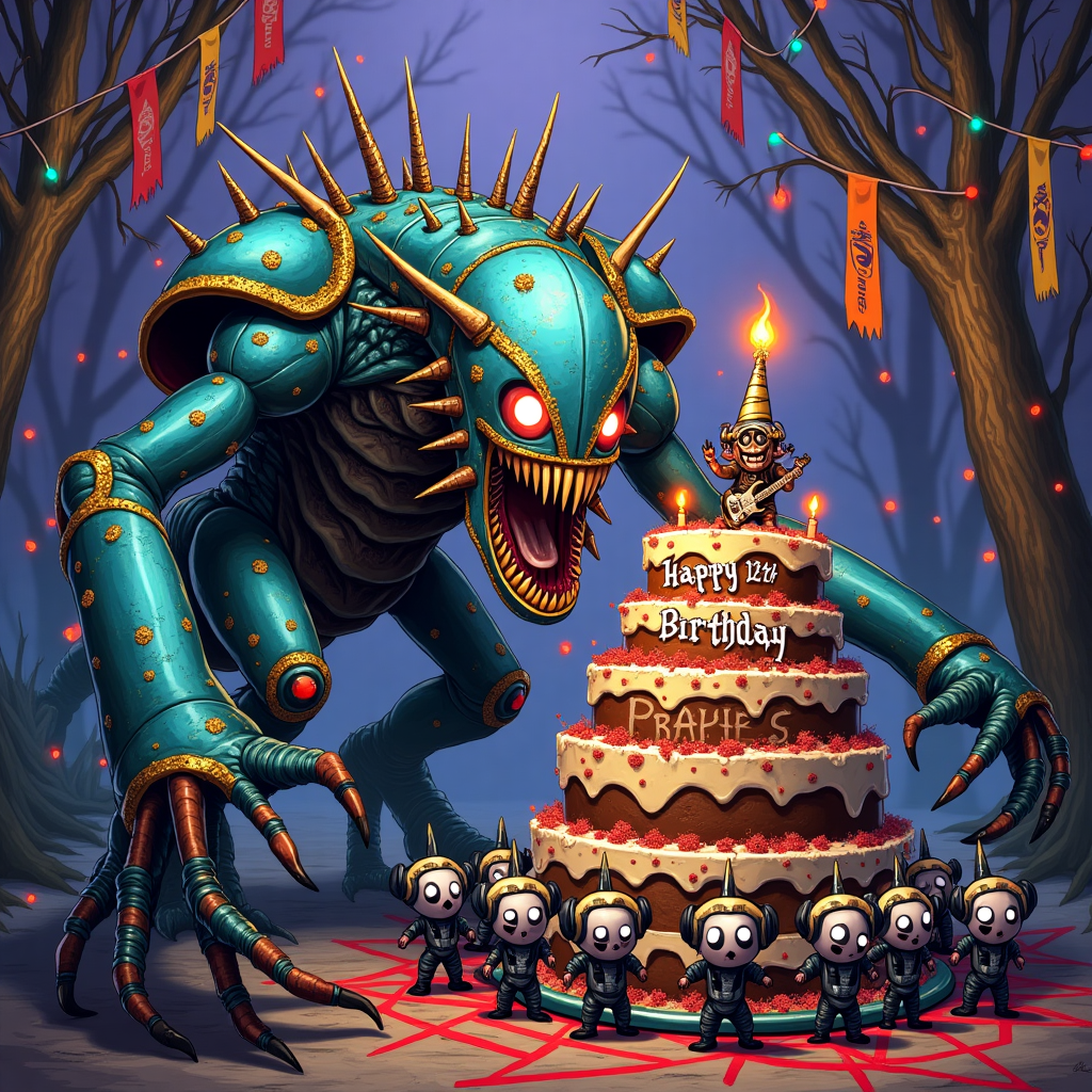 The front cover of the birthday greeting card unfolds as an epic yet humorous tableau, a whimsical collision of elements that together form a surreal birthday celebration. 

In the foreground, there is a highly detailed hand-drawn illustration of a Tyranid Hive Tyrant from Warhammer, but instead of being menacing, it is festooned with party decorations. Brightly colored streamers in hues of electric blue, lime green, and vibrant red drape over its elongated limbs. Its carapace glimmers under a spattering of glitter, and a party hat, jauntily tilted, perches atop its monstrous head.

Adjacent to the Tyranid, a massive birthday cake towers, echoing the architectural intricacy of a gothic cathedral. The cake is layered in black and silver icing with fiery red embellishments. Perched at the cake's pinnacle is a figurine of a guitarist, styled in Slipknot's distinctive jumpsuit and mask, caught mid-riff. The guitarist is poised with a tiny model guitar, emanating an aura of rebellious energy. Around the cake, black candles flicker with tiny, vivid blue flames.

The background is a swirling tapestry reminiscent of a rock concert stage, awash in dark purples and heavy shadows. Gnarled, twisted trees stretch skyward like stage scaffolding, their branches adorned with strings of tiny, golden fairy lights that spell out "Happy 13th Birthday, Travis" in a jagged, electrifying font. 

Suspended in the air, multiple banners unfurl, emblazoned with the logos of Slipknot and Machine Head, rendered in metallic tones of platinum and chrome. These banners seem to flutter despite the stillness of the scene, as if caught in the invisible currents of music.

At the bottom of the illustration, a line of chibi Tyranids, drawn in an endearing, slightly exaggerated style, forms a conga line. Each sports oversized headphones, clearly engrossed in the throbbing beats of metal music, depicted through whimsical musical notes skittering across the air in electric neon colors.

To the side, a small gathering of woodland creatures, reminiscent of Beatrix Potter's menagerie, are enthralled by the spectacle. They stand on hind legs, dressed in miniature band t-shirts, peering curiously at the scene with wide, round eyes. 

The entire composition is bathed in a surreal moonlight, casting ethereal shadows and giving the scene a vibrant yet otherworldly glow, ensuring the image dances off the card with an abundance of detail and eccentricity.
Generated with these themes: Happy 13th birthday , Warhammer Tyranids, Metal music, Slipknot, and Machine head.
Made with ❤️ by AI.