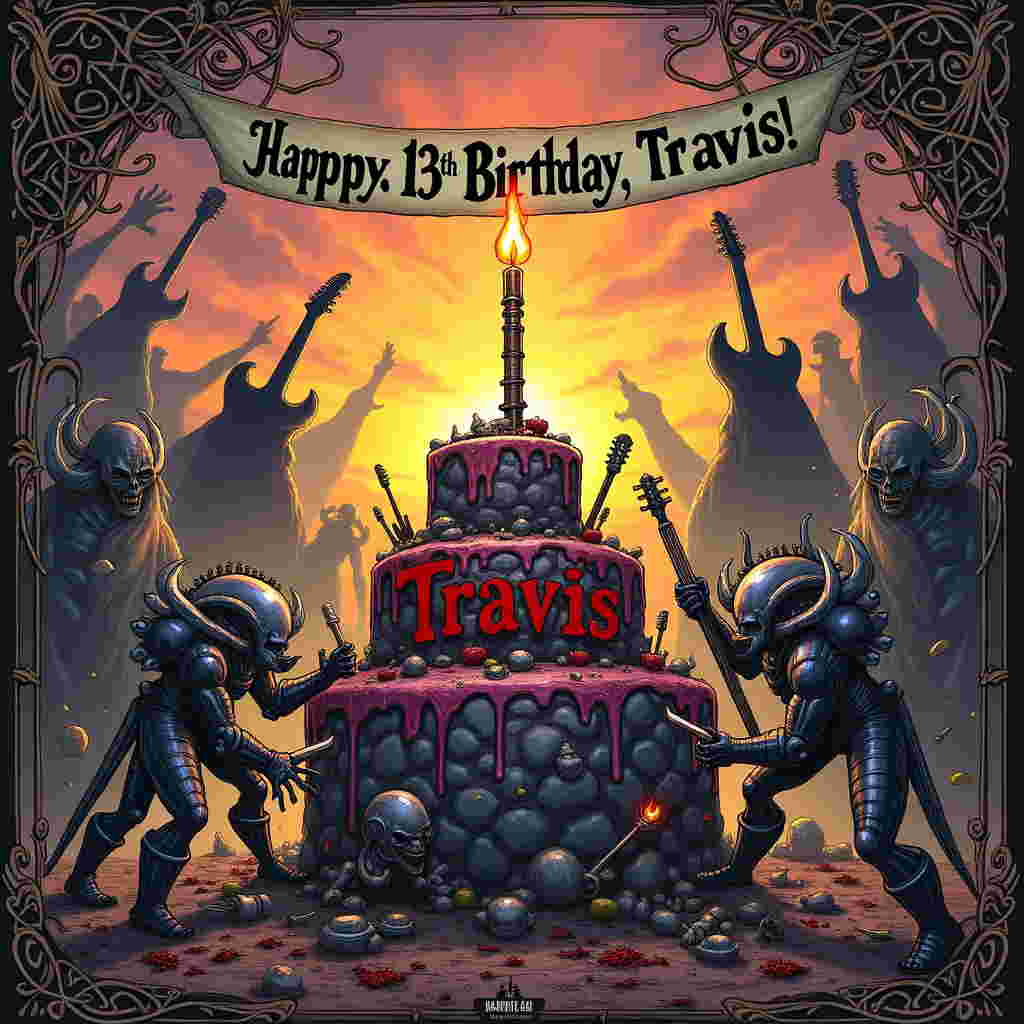 In the foreground, a dynamic battle scene unfolds on a festive birthday cake shaped like a rocky battlefield, with Warhammer Tyranids fiercely engaging in combat. The Tyranids, drawn in intricate detail, exhibit their iconic exoskeletons and menacing mandibles, painted in dark purples and blacks with electric green highlights. 

The cake is surrounded by scattered miniatures of electric guitars, drumsticks, and tiny amplifiers, representing the influence of metal music. Amongst the chaos, a towering wax candle, shaped like a metal concert microphone, is centered, and on it, "Travis" is scrawled in fiery red letters.

In the background, towering over the scene, are ghostly, semi-transparent figures of Slipknot and Machine Head band members, their silhouettes headbanging, drawn in a Beardsley-like intricate pattern, giving a nod to metal music's energy. They're adorned in their signature masks and band gear, with muted dark shades and flashes of silver to mimic the gleam of metal.

Around the battlefield-cake scene, smaller creatures of Maurice Sendak's playful imagination frolic, donning tiny spiked wristbands and miniature Slipknot masks, adding a touch of whimsy to the harshness of the battle.

Above, the sky swirls in the rich, oil-painted hues of a Maxfield Parrish sunset—deep oranges, reds, and purples—interspersed with clouds shaped like musical notes and Tyranid symbols, drawn with the delicate touch of Quentin Blake's line work. A banner, crafted in the style of Rackham's tangled forest vines, dangles from two flaming guitars suspended in midair, proudly proclaiming "Happy 13th Birthday, Travis!" in bold, gothic lettering.

To the sides, the edges of the card feature ornate borders inspired by the intricate line work of Gustave Doré, depicting vignettes of fantastical creatures rocking out in an otherworldly concert hall, with metallic sheen ink bringing a dynamic, modern twist.
Generated with these themes: Happy 13th birthday , Warhammer Tyranids, Metal music, Slipknot, and Machine head.
Made with ❤️ by AI.