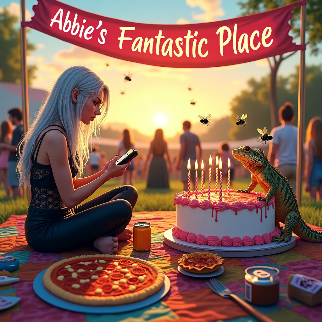 Picture this: A vibrant, bustling rock festival scene, where the sun is setting in the background, casting a warm golden glow over the landscape. In the foreground, there's a lively picnic spread out on a vibrant patchwork quilt, complete with an inviting assortment of foods. A cheeky bearded dragon lizard is perched atop a sizable pepperoni pizza, eyeing a nearby open can of beer with curiosity. Beside the picnic, a gothic woman with striking white and black hair sits cross-legged, absorbed in a game on her Nintendo Switch console, her fingers deftly navigating the buttons. Her attire is a mix of lace and leather, a perfect contrast to the casual festival-goers milling around. Hovering above the scene are a few whimsical bees, lazily drifting through the air, their delicate wings glistening in the sunlight.

To the side of the picnic, a sumptuous birthday cake takes center stage, adorned with candles and topped with edible decorations resembling miniature guitars and music notes, hinting at the rock festival theme. The cake's icing is crafted into a beautiful swirl of vibrant colors, echoing the festive atmosphere. Stretching across the top of the scene is a vibrant banner that reads, in bold letters, "Abbie's Fantastic Place," fluttering gently in the breeze, with the word "Abbie" standing out in shimmering, iridescent hues. This scene captures the lively spirit of a birthday celebration, blending each element into a cohesive, enchanting picture perfect for a greetings card cover.
Generated with these themes: A bearded dragon lizard, A gothic woman with white and black hair, Pizza and beer, A banner saying 'Abbie's Fantastic Place', Nintendo switch console, Birthday cake, Bees in the air, and Picnic at a rock festival.
Made with ❤️ by AI.