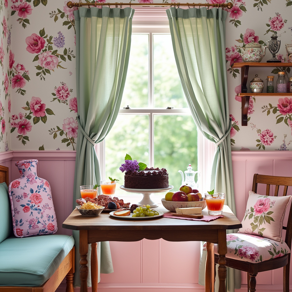 The birthday greeting card front cover features a cozy, vintage-inspired kitchen with Cath Kidston floral patterns adorning the wallpaper and curtains, their vibrant pinks and purples popping against a softer pastel backdrop. Center stage is a rustic wooden table, set for a quiet birthday celebration. Atop the table, an assortment of delectable foods is artfully arranged: a rich chocolate cake with purple frosting and delicate lilac blossoms for decoration, a platter of assorted cheeses and charcuterie, and a fruit bowl overflowing with lush grapes, sliced figs, and glossy apples. Beside the cake, two elegant cocktails stand in crystal glasses, each adorned with a twist of citrus and a sprig of mint. 

To the left of the table, a vintage hot water bottle covered in a Cath Kidston fabric cozy with a small rose pattern is tucked neatly into a corner of a cushioned bench seat. Beside it, an antique wooden shelf holds an array of whimsical trinkets: a tiny, intricately detailed porcelain teapot, a silver locket, an old-fashioned key, and a small collection of glass bottles filled with colorful sands and tiny seashells. The scene is bathed in the soft, warm glow of sunlight filtering through the window, casting gentle shadows and illuminating the rich textures and colors of the setting.
Generated with these themes: Food, Cocktails, Cath kidston, Purple, Hot water bottle, and Trinkets.
Made with ❤️ by AI.