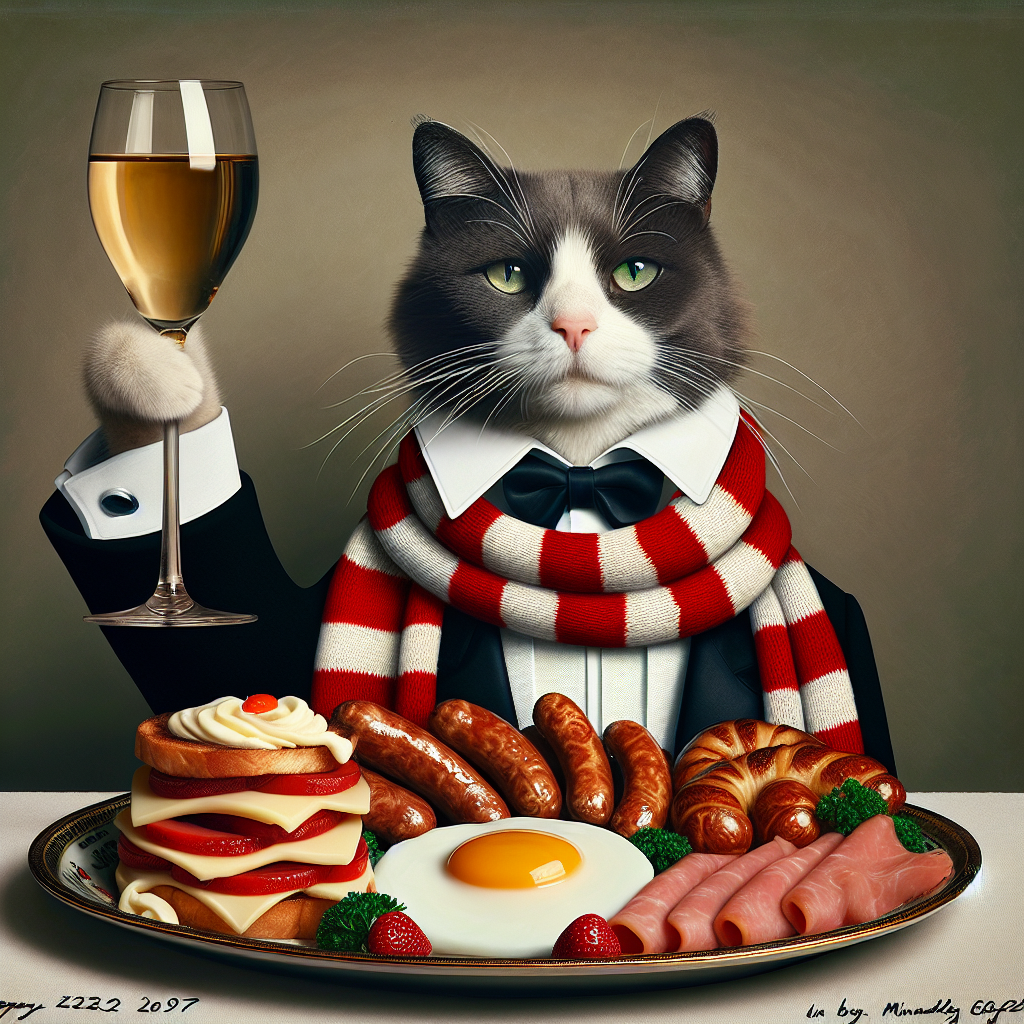 Visualize an amusing and realistic celebration scene in high resolution. A sophisticated tuxedo cat, upper-class and suave, raises a glass of wine in toast to the excitement of life. The cat is adorned with a vibrant, elaborate scarf in red and white, akin to a passionate football fan. This feline figure is seated next to an artistically arranged full English breakfast, with each delicious component skillfully assembled to form the numeric '52', representing an important year. The portrayal of breakfast and the spirit of football merges a decidedly British ambiance into the scene, subtly hinting at the wisdom of age.
Generated with these themes: Tuxedo cat drinking wine, Manchester United football club, Full english breakfast , and 52.
Made with ❤️ by AI.