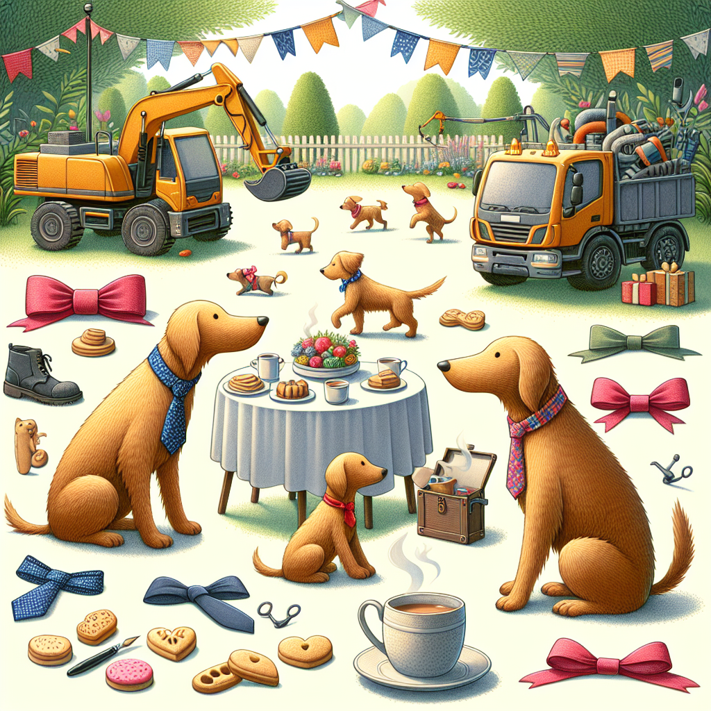 Create a touching illustration to signify Father's Day. The image should represent an idyllic garden setting, scattered with playful, long-bodied dogs frolicking near a vibrant array of construction vehicles. These vehicles should be decorated with ribbons and bows, denoting the essence of the festivity. In close proximity, a small, appealing table is meticulously arranged for a special afternoon tea. The table should include steaming mugs of tea and a variety of biscuits shaped like tiny hearts and neckties, symbolizing widespread affection for fathers.
Generated with these themes: Diggers, Sausage dogs, Tea, and Biscuits.
Made with ❤️ by AI.