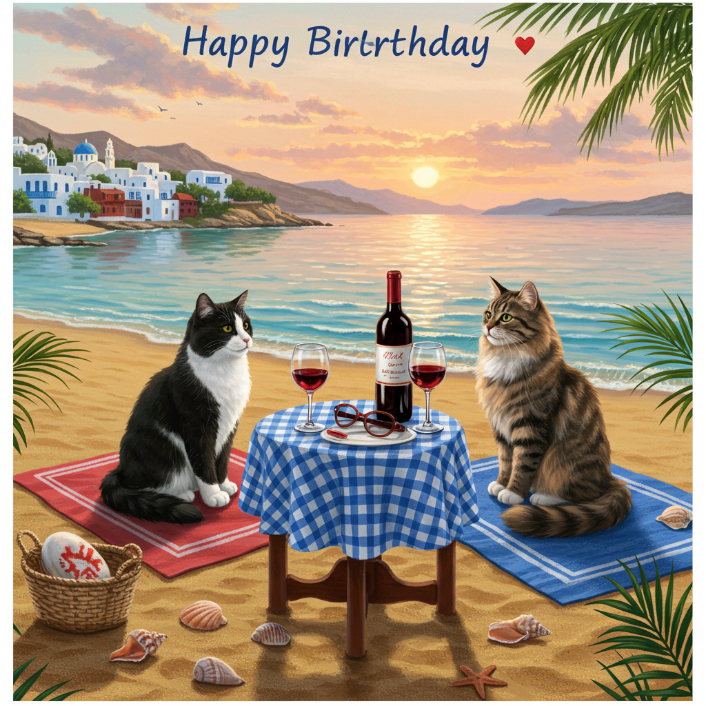 Front Cover Description:

The scene unfolds on a serene Greek beach at sunset, where two lifelike, realistic cats are the main focus. They are comfortably lounging on plush, oversized beach towels. One cat, a sleek black-and-white tuxedo with gleaming fur, and the other, a luxurious long-haired tabby with a bushy tail, sit facing each other, their whiskers nearly touching as if in conversation.

Between them, on a small round table draped with a classic Greek blue-and-white checkered tablecloth, are two elegant wine glasses filled with a rich red wine. A bottle of wine rests beside the glasses, its label subtly displaying the name "Mark" in stylish cursive letters.

The beach setting includes fine, golden sand that stretches into the azure sea, reflecting hues of pink and orange from the setting sun. In the background, a few classic Greek white buildings with blue domes can be seen on a nearby hill, adding authenticity to the Grecian setting. Delicate sea waves gently kiss the shore, capturing the motion with lifelike accuracy.

Sprinkled around the scene are small details: a few seashells scattered on the sand, a pair of stylish sunglasses perched beside the wine bottle, and a gentle breeze lightly ruffling the cats' fur and a nearby palm tree's leaves. The sky is a canvas of warm pastels, streaked with fluffy clouds absorbing the day's last light. This harmonious blend of elements paints a vivid, detailed birthday scene for the greeting card.
Generated with these themes: 2 cats in love drinking wine on the beach in Greece. Do not use Greek letters..
Made with ❤️ by AI.