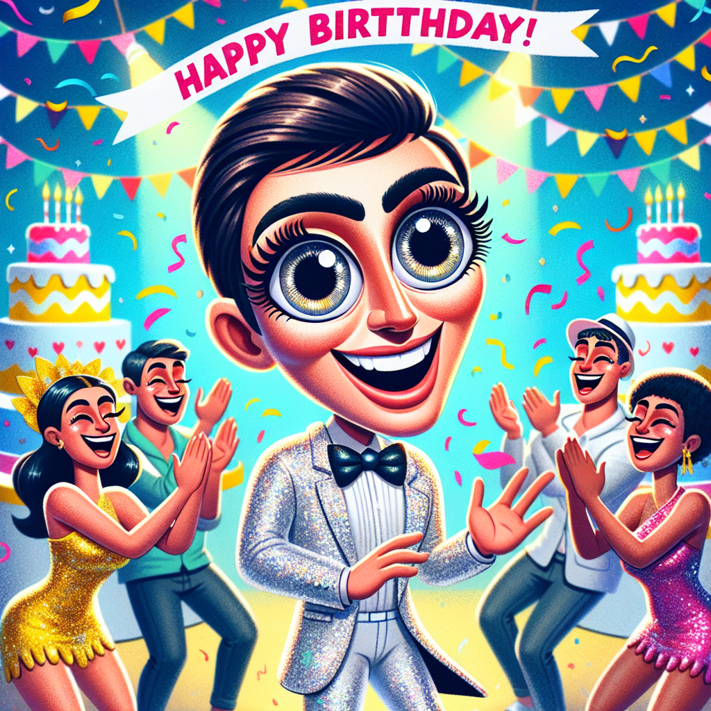 In this delightful birthday-themed illustration, an iconic pop star with mesmerizing oversized cartoon eyes and a broad smile leads a group dance. This character is set in a spirited environment, capturing the essence of an international music festival known for its flamboyance. The guests, clapping along, are dressed in sequins and glitter, embodying the vivacious energy and costumes typically seen at this festival. A birthday banner floats overhead, and the lively atmosphere is enhanced by a multi-colored cake, embellished with tiny flags from diverse countries.
Generated with these themes: Eurovision , Dancing, and Olly Alexander .
Made with ❤️ by AI.