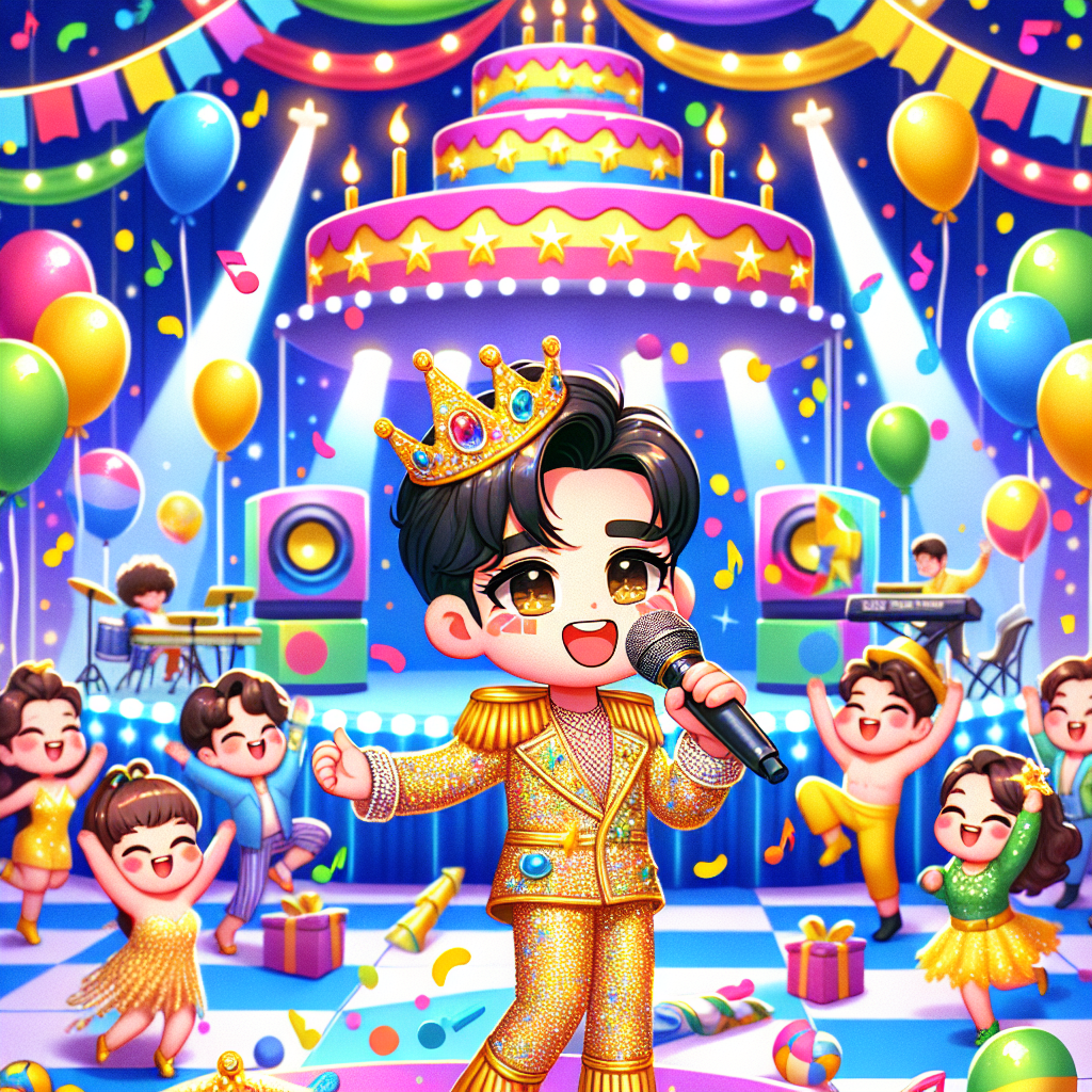 The adorable illustration presents a vivid birthday scene themed around a globally renowned singing competition. Colorful balloons and confetti are spread across the backdrop. Brightly dressed characters are dancing joyfully around a multi-tiered cake. The focal point of the image is a lively performer, depicted in an animated style, wearing a sparkling costume that is inspired by the style of international music show performers. He's holding a microphone, entertaining the party goers with his performance as they sway to his rhythm on a dance floor brightly lit by festive stage lights.
Generated with these themes: Eurovision , Dancing, and Olly Alexander .
Made with ❤️ by AI.