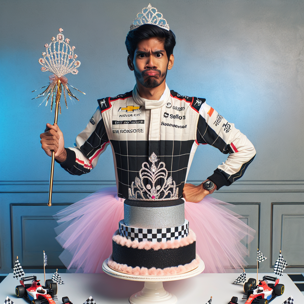 Generate a jovial image with birthday theme, where a South Asian man dressed in a formula one racing attire, stands with a sparkling tiara in one hand, and a scepter in the other, while wearing a fluffy, pink tutu. A significant expression of awkwardness is present on his face, showing good humor in the unique combination of high-speed racing and fairy-tale royalty. There is a large, festive birthday cake adorned with checkered flags and miniature racing cars, and topped with a matching tiara instead of a conventional candle, situated next to him.
Generated with these themes: Formula one man princess.
Made with ❤️ by AI.