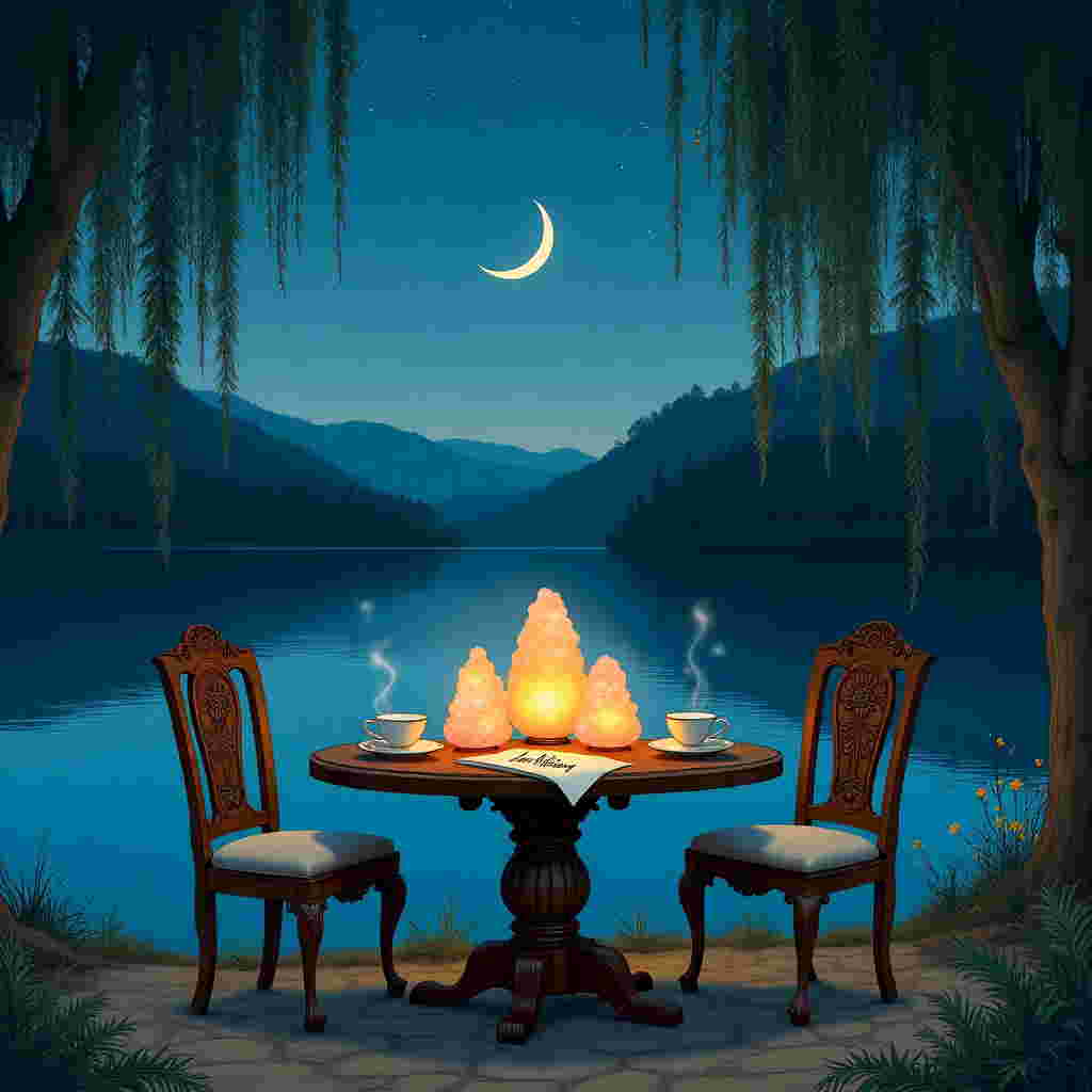 **Front Cover Description:**

In a moonlit setting reminiscent of Maxfield Parrish's ethereal scenes, the landscape is bathed in a serene bluish-silver glow under a crescent moon. This moon hangs prominently in the sky, casting gentle reflections on a tranquil lake below.

On the shore of this lake, imagine a small, elegantly rustic wooden table set for two. Upon the table, salt lamps of varying sizes glow warmly with hues of amber, peach, and soft pink, their light casting intricate shadows that dance across the table's surface and onto the ground. The salt lamps are detailed with rough crystalline textures, exuding a natural beauty against the calm backdrop.

In the foreground, two classic wooden chairs with ornate carvings in a style echoing Arthur Rackham's whimsical details are pulled slightly away from the table, invitingly empty, suggesting an intimate moment to come. The table is set with fine porcelain teacups, lightly steaming under the soft lamplight.

Nestled between the salt lamps on the table, there is a small, elegant scroll unfurled, as if casually placed there. In an elegant script reminiscent of Beatrix Potter's hand, the words "Debi & Antony" are inscribed on this scroll, the ink a rich, dark indigo that complements the moonlit hues.

In the background, the landscape features a cluster of willow trees, their long, delicate branches whispering in the gentle breeze, painted in meticulous detail akin to the works of Gustave Doré. The leaves are a deep, rich green, softly blending into the night shadows, while their silhouettes frame the moon and create a natural arch over the scene.

The sky is dotted with faint stars, their presence subtle yet mesmerizing, painted with the delicate precision of Edward Gorey. They twinkle softly, adding a touch of magic to the nocturnal setting.

Overall, the illustration is richly detailed, inviting viewers to linger over each element, just as they might in a Norman Rockwell piece, discovering new nuances with every glance.
Generated with these themes: A romantic scene with salt lamps and moon.
Made with ❤️ by AI.