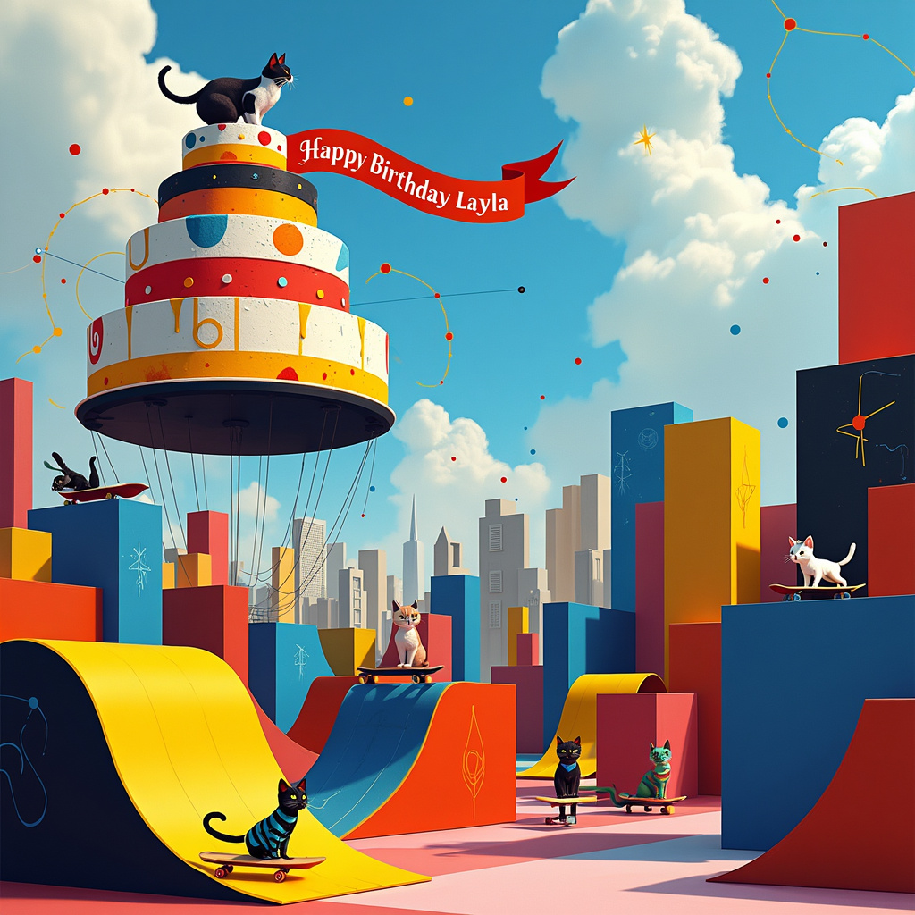 Imagine a whimsical urban park where the sky is an abstract splash of vibrant colors, reminiscent of Jackson Pollock's dripping technique. Within this animated scene, a series of interconnected geometric shapes in primary colors - a nod to Piet Mondrian - create a surreal skate park. Bright red and yellow ramps curl into fluid lines, while bold blue and black rectangles form impossible staircases and loops.

In the foreground, a posse of cats, stylized in the spirit of Joan Miró, zooms around on skateboards. Each cat has a distinct personality, their fur painted in swirling patterns like Cy Twombly's expressive scribbles. One adventurous feline, a sleek black cat with a white swirl on its back, is mid-jump off a ramp, while another tabby with electric blue stripes skates through an intricate series of loops.

Suspended above the skate park, a massive, floating birthday cake - an homage to Kazimir Malevich’s Suprematism - hovers in the sky. The cake is a tiered masterpiece, decorated with minimalist shapes and forms in Rothko-esque bands of vibrant color. From the top tier of the cake, a banner unfurls, crafted from interconnected, Kandinsky-inspired shapes that spell out "Happy Birthday Layla" in an energetic, abstract font.

To the right, a series of rectangular skyscrapers, painted in gradient hues like Gerhard Richter’s abstracts, serve as a backdrop. These buildings are adorned with playful, de Kooning-like squiggles and splashes, adding a layer of chaotic fun to the urban landscape. High above, the clouds are thin, delicate lines of pastel colors, reminiscent of Agnes Martin’s subtle grid works, spelling out "Layla" in the sky as if painted by a mischievous artist.

Every element in the scene is dynamic and alive, blending the playful energy of skateboarding with the enigmatic charm of cats, all woven together with the abstract, avant-garde essence of the inspiring artists.
Generated with these themes: Skateboarding, and Cats.
Made with ❤️ by AI.