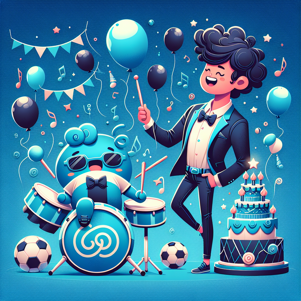 A lively and adorable vector image themed around a birthday party, using a color palette dominated by a radiant royal blue, with small soccer balls and uniforms strewn around. At the heart of the image is an exuberantly animated character who appears to delightfully be beating on a whimsical drum set against a setting of balloons and streamers. A hip and modern male character, holding a birthday cake decorated with musical notes, is integrated into the scene, contributing a contemporary edge to the celebratory design. This character is a musician with a slim physique and curly dark hair.
Generated with these themes: Chelsea fc, Drumming, and Matty healy.
Made with ❤️ by AI.