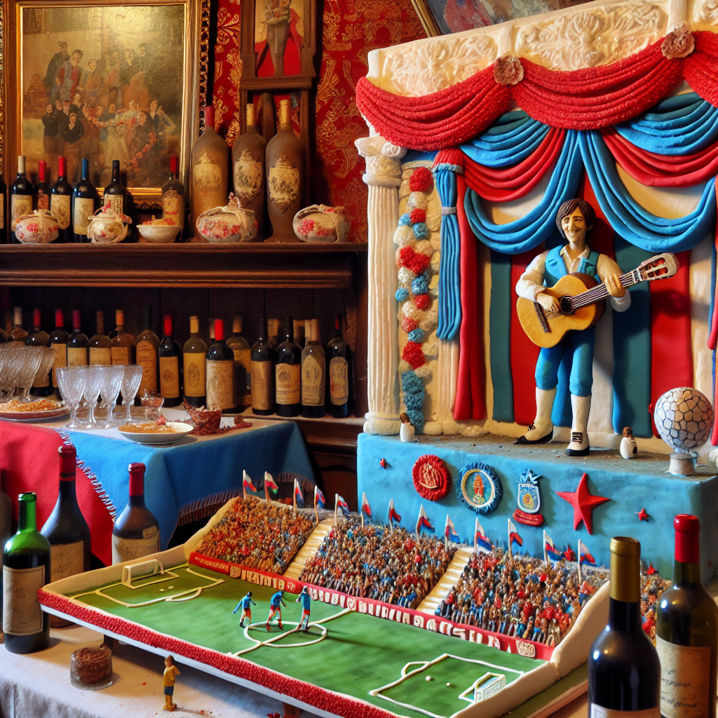 In a cozy party room adorned with red and blue decorations, a warm and inviting atmosphere exudes celebration and unity. Dominating the room's center is a delicately sculpted cake featuring an imaginary scene of a cheerful, left-handed guitarist entertaining devoted soccer fans who are seated in stands made of sugar. Beneath this edible spectacle, a red and blue sash proudly displays symbols of socialism. Complementing this theatrical theme is a selection of antique wines arranged meticulously, ready to be savored among friends exchanging thoughts on melodies, sports, and societal change.
Generated with these themes: Paul McCartney, Crystal Palace Football Club , Socialism, and Wine.
Made with ❤️ by AI.