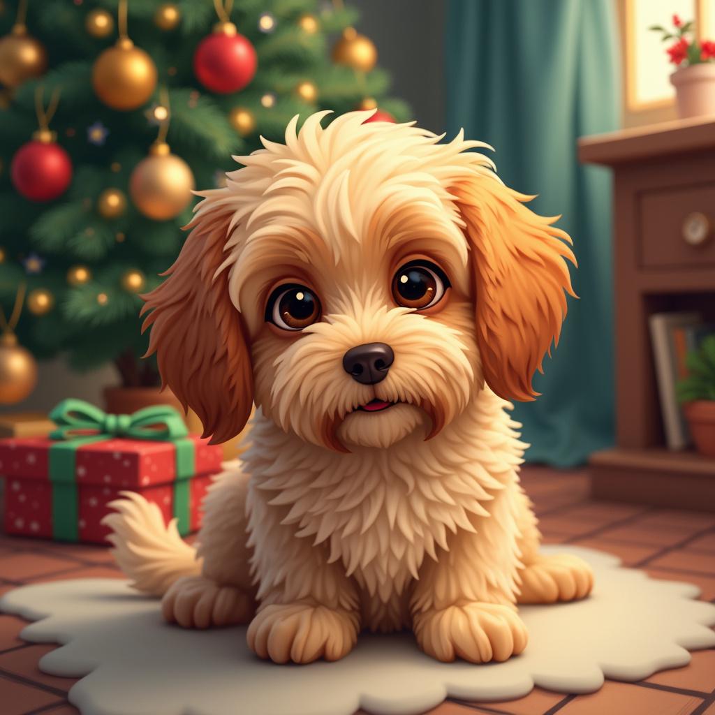In a charming cartoon-style Christmas scene, an adult Cavapoo dog takes center stage. This lovable canine, with a normal build and a cream-colored coat accented by whimsical apricot shades, embodies the festive spirit. The atmosphere is further enriched by the dog's twinkling dark brown eyes, which shimmer in the warm glow of sparkling Christmas lights. 

Made with ❤️ by AI.  
Summary: A festive Cavapoo dog brings warmth and cheer to a delightful Christmas scene, showcasing its unique coat and sparkling eyes.  
Generated with these themes: x, y, z  
Made with ❤️ by AI.  