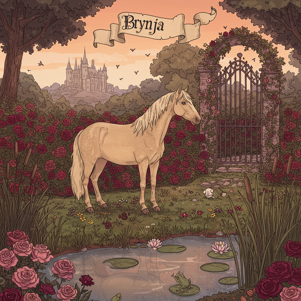 Front and center, a whimsical, slightly exaggerated, hand-drawn illustration of a beige horse takes pride of place. This horse is standing amidst a vibrant and detailed garden, filled with lush, hand-rendered roses in shades of pink, red, and deep maroon. The horse has a soft, flowing mane, captured mid-gallop with gentle, wavy lines, and its hooves barely graze the lush, verdant grass dotted with tiny, colorful wildflowers.

Above the horse, a sky rendered in a dreamy, sunset gradient transitions from soft peach to warm lavender. Suspended in the sky, a scroll-style banner unfurls with the word "Brynja" elegantly scripted in a vintage calligraphic font reminiscent of Aubrey Beardsley's intricate line work, adding an element of mystery and charm.

On one side of the scene, a large, decorative wrought-iron gate opens into this enchanted garden, its elegant curves and swirls reflecting elements of Edward Gorey's detail. The gate is entwined with ivy and delicate blooms, echoing the flora below.

In the background, a distant, old-world castle peeks above a cluster of leafy trees, drawn with a nod to the grandeur and narrative quality of Arthur Rackham's illustrations. Its turrets are capped with tiny heart-shaped flags that flutter whimsically in the gentle breeze, bringing a subtle Valentine's theme into the structural backdrop.

A small pond sits in the foreground, reflecting the horse and sky, with lily pads and reeds sketched in with a detailed style akin to Beatrix Potter’s gentle yet precise touch. Tiny animated frogs, charmingly reminiscent of Maurice Sendak’s playful spirit, leap across the water's surface, leaving ripples behind.

Throughout the scene, soft touches of Maxfield Parrish's saturated color palette bring vibrancy, while Quentin Blake’s carefree, dynamic lines provide an animated essence to the natural elements, making the scene both engaging and full of delightful surprises. The result is a card cover that's rich in narrative detail, perfect for capturing the imagination.
Generated with these themes: Beige horse.
Made with ❤️ by AI.
