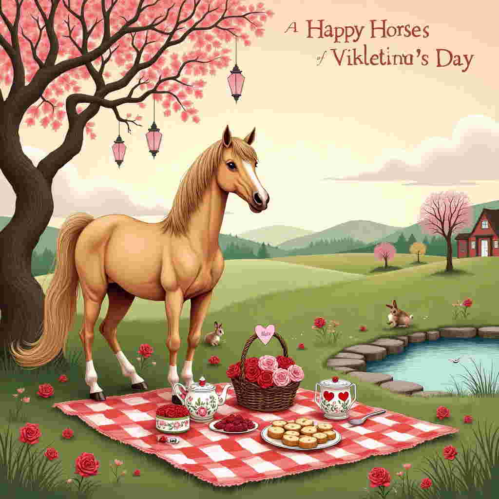 In the center of the greeting card, create a detailed hand-drawn illustration of a whimsical Valentine's Day picnic. The scene should feature a charming beige horse with a flowing mane and tail, standing gracefully beside a checkered picnic blanket laid out on a lush, green meadow. The horse’s coat should have soft, warm beige tones with subtle shading to highlight its muscular form, reminiscent of a Rockwell portrait.

On the picnic blanket, place an assortment of detailed, vintage-style items inspired by Beatrix Potter and Arthur Rackham’s detailed worlds: a basket filled with red and pink roses, heart-shaped sandwiches, and an ornate teapot with floral patterns. Add a small cake, delicately decorated with sugar roses, and place a tiny banner on it that reads "Brynja" in elegant, flowing script.

In the background, illustrate an intricate, winding tree with twisted branches inspired by Aubrey Beardsley's attention to detail. Hang dainty heart-shaped lanterns from the branches, casting a soft glow over the scene. To the right, place a small pond with crystal clear water, reflecting the sky above.

Above, the sky should be a gradient of pastel pinks and oranges, akin to a Maxfield Parrish twilight sky. Scatter a few fluffy white clouds, and in the distance, include a silhouette of rolling hills and perhaps a quaint cottage in the style of Maurice Sendak's enchanting settings.

In the foreground, add a few playful rabbits wearing tiny bowties, inspired by Edward Gorey’s quirky charm, scampering near the picnic blanket, and birds drawn in the free-spirited style of Quentin Blake flitting about.

This illustration should be rich in detail and texture, using a palette of soft pastels, warm earth tones, and vibrant pinks and reds to capture the essence of Valentine's Day with a whimsical and nostalgic touch.
Generated with these themes: Beige horse.
Made with ❤️ by AI.