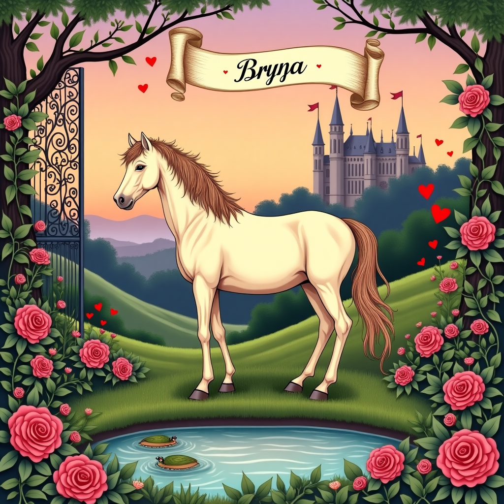 Front and center, a whimsical, slightly exaggerated, hand-drawn illustration of a beige horse takes pride of place. This horse is standing amidst a vibrant and detailed garden, filled with lush, hand-rendered roses in shades of pink, red, and deep maroon. The horse has a soft, flowing mane, captured mid-gallop with gentle, wavy lines, and its hooves barely graze the lush, verdant grass dotted with tiny, colorful wildflowers.

Above the horse, a sky rendered in a dreamy, sunset gradient transitions from soft peach to warm lavender. Suspended in the sky, a scroll-style banner unfurls with the word "Brynja" elegantly scripted in a vintage calligraphic font reminiscent of Aubrey Beardsley's intricate line work, adding an element of mystery and charm.

On one side of the scene, a large, decorative wrought-iron gate opens into this enchanted garden, its elegant curves and swirls reflecting elements of Edward Gorey's detail. The gate is entwined with ivy and delicate blooms, echoing the flora below.

In the background, a distant, old-world castle peeks above a cluster of leafy trees, drawn with a nod to the grandeur and narrative quality of Arthur Rackham's illustrations. Its turrets are capped with tiny heart-shaped flags that flutter whimsically in the gentle breeze, bringing a subtle Valentine's theme into the structural backdrop.

A small pond sits in the foreground, reflecting the horse and sky, with lily pads and reeds sketched in with a detailed style akin to Beatrix Potter’s gentle yet precise touch. Tiny animated frogs, charmingly reminiscent of Maurice Sendak’s playful spirit, leap across the water's surface, leaving ripples behind.

Throughout the scene, soft touches of Maxfield Parrish's saturated color palette bring vibrancy, while Quentin Blake’s carefree, dynamic lines provide an animated essence to the natural elements, making the scene both engaging and full of delightful surprises. The result is a card cover that's rich in narrative detail, perfect for capturing the imagination.
Generated with these themes: Beige horse.
Made with ❤️ by AI.