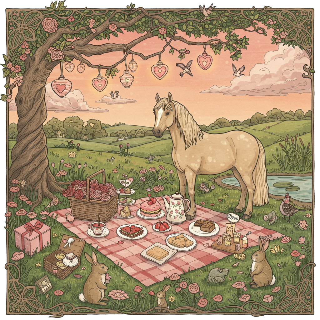 In the center of the greeting card, create a detailed hand-drawn illustration of a whimsical Valentine's Day picnic. The scene should feature a charming beige horse with a flowing mane and tail, standing gracefully beside a checkered picnic blanket laid out on a lush, green meadow. The horse’s coat should have soft, warm beige tones with subtle shading to highlight its muscular form, reminiscent of a Rockwell portrait.

On the picnic blanket, place an assortment of detailed, vintage-style items inspired by Beatrix Potter and Arthur Rackham’s detailed worlds: a basket filled with red and pink roses, heart-shaped sandwiches, and an ornate teapot with floral patterns. Add a small cake, delicately decorated with sugar roses, and place a tiny banner on it that reads "Brynja" in elegant, flowing script.

In the background, illustrate an intricate, winding tree with twisted branches inspired by Aubrey Beardsley's attention to detail. Hang dainty heart-shaped lanterns from the branches, casting a soft glow over the scene. To the right, place a small pond with crystal clear water, reflecting the sky above.

Above, the sky should be a gradient of pastel pinks and oranges, akin to a Maxfield Parrish twilight sky. Scatter a few fluffy white clouds, and in the distance, include a silhouette of rolling hills and perhaps a quaint cottage in the style of Maurice Sendak's enchanting settings.

In the foreground, add a few playful rabbits wearing tiny bowties, inspired by Edward Gorey’s quirky charm, scampering near the picnic blanket, and birds drawn in the free-spirited style of Quentin Blake flitting about.

This illustration should be rich in detail and texture, using a palette of soft pastels, warm earth tones, and vibrant pinks and reds to capture the essence of Valentine's Day with a whimsical and nostalgic touch.
Generated with these themes: Beige horse.
Made with ❤️ by AI.
