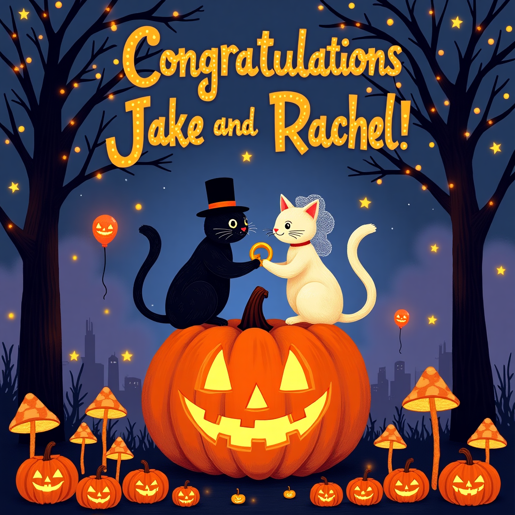In the whimsical world of the card's front cover, a magical Halloween night comes alive under a starlit sky. Dominating the foreground is a gigantic pumpkin, carved with elaborate swirling patterns that mimic the intricate linework of Patrick Seymour, standing as a grand podium. Perched atop this pumpkin, two cats, one with a dapper top hat and monocle and the other wearing a delicate lace veil, exchange miniature golden rings—congratulating Jake and Rachel on their engagement with a mischievous sparkle in their feline eyes.

Behind them, a tapestry of deep purple and midnight blue skies, inspired by Malika Favre's bold color palettes, stretches into the distance, sprinkled with glowing stars. Each star twinkles with a hint of orange, reminiscent of tiny jack-o'-lantern faces. Hovering in the night sky, a series of spectral balloons, crafted in the geometric precision of Matt W. Moore, spell out "Congratulations Jake and Rachel!" in a vibrant, fiery orange that contrasts against the dark sky.

Flanking the pumpkin are towering, slender trees with branches that curl and twist like the playful lines of Yulia Sokolova's artwork. These branches cradle dangling fairy lights, their warm glow casting enchanting shadows on the scene. At the base of the pumpkin, a patch of luminescent mushrooms, with caps resembling vintage lace, nods to Lisa Lopuck's delicate details, adding an extra touch of whimsy.

In the background, silhouettes of more pumpkins scatter across the ground, each with a unique, exaggerated expression that echoes Geo Law's quirky style, forming an audience for the feline engagement ceremony. This lively, humorous scene merges the spirit of Halloween, the warmth of love, and the charm of cats into a visual story that uniquely celebrates Jake and Rachel's engagement.
Generated with these themes: Halloween, Pumpkin, Cats, and Engagement.
Made with ❤️ by AI.