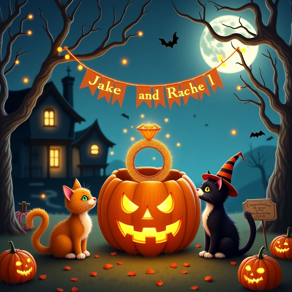 Picture a whimsical, magical scene under a starlit sky, where the spirit of Halloween meets the joy of an engagement celebration. At the center, a giant, grinning pumpkin doubles as a festive engagement ring box, with a glittering, oversized ring sprouting from its stem, surrounded by an enchanting glow. On either side of the pumpkin, two cats—one orange with green eyes and the other black with white paws—sit gracefully, each wearing a tiny witch hat tilted jauntily to one side. The cats gaze lovingly at each other, with their tails forming a heart shape beneath the ring, symbolizing Jake and Rachel's union.

In the background, the silhouette of a haunted house peeks through a grove of gnarled, bare trees, casting eerie yet playful shadows. Hanging from one of the tree branches is a banner fashioned from twinkling string lights that spell out "Jake and Rachel," the lights flickering like fireflies in the night. Above, the full moon, slightly obscured by wispy clouds, casts a silvery glow across the scene, while bats, whimsically outlined, flutter around, adding a touch of Halloween mischief.

To the side, a little patch of pumpkins sits, each with carved expressions—joyful, surprised, and excited—celebrating the engagement news. A tiny, ornate sign, stuck into the ground next to the pumpkin patch, reads, “Congratulations on your Spooktacular Engagement!” in a quirky, handwritten font. In the foreground, tendrils of mist curl around the scene, adding an ethereal layer that invites the viewer to step into this enchanted celebration of love and mystery.
Generated with these themes: Halloween, Pumpkin, Cats, and Engagement.
Made with ❤️ by AI.