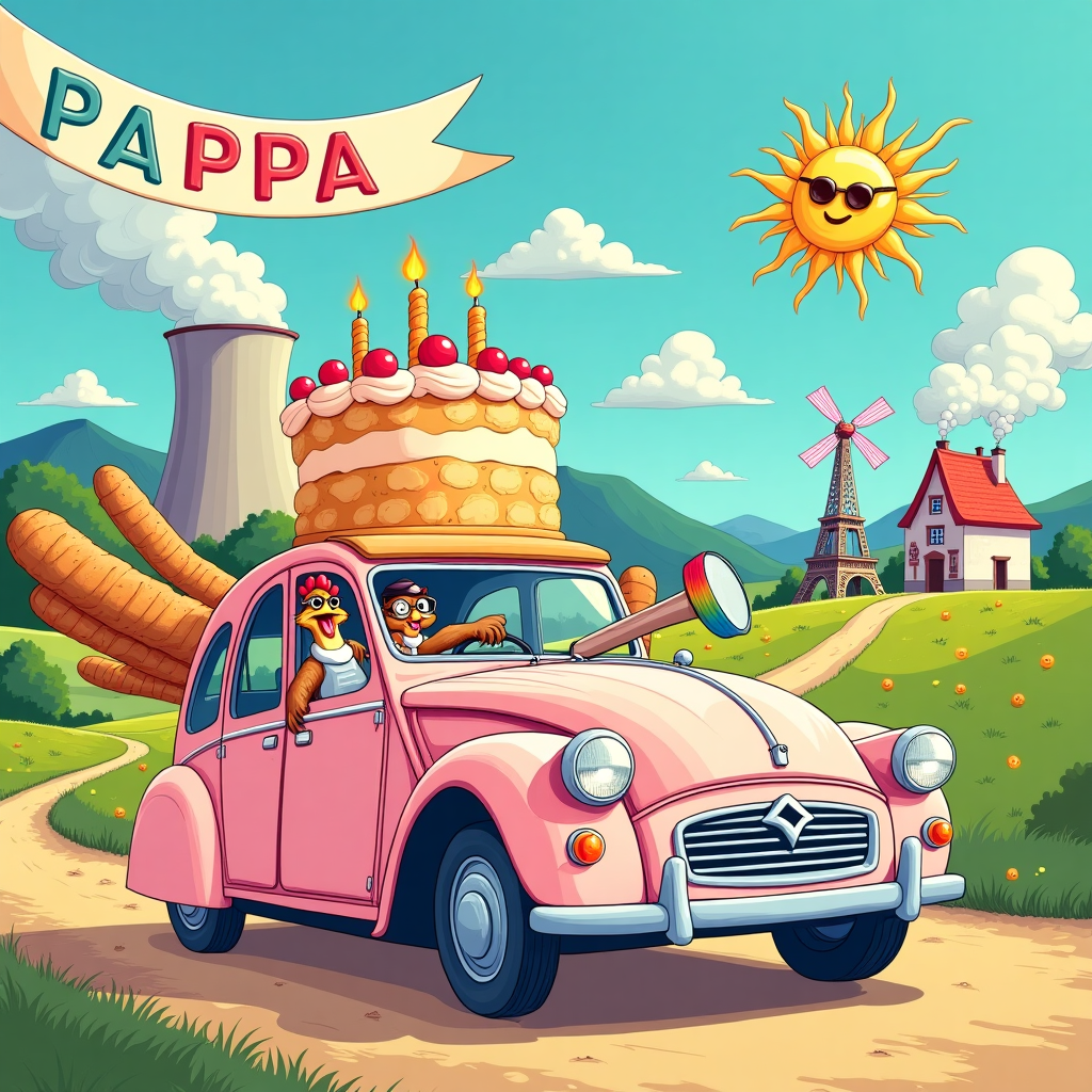 **Front Cover Illustration Description:**

*Scene Overview:*
Create a vibrant, cartoon-style birthday scene set in a whimsical, surrealist French countryside. In the background, a cartoonish nuclear plant with puffy white smoke emerging from its chimneys towers over the landscape, its facade painted in pastel pinks and blues reminiscent of a classic French chateau.

*Foreground Elements:*
- **Birthday Cake Car:** In the foreground, design a cartoonishly exaggerated car that is half vintage Citroën and half gigantic birthday cake. The cake should be decorated with oversized, multicolored frosting and a few lit candles shaped like miniature Eiffel Towers. The car should have exaggerated wheels that resemble gigantic baguette slices.

- **Characters:** Two anthropomorphic animals—a cheerful rooster in a beret and a squirrel wearing glasses—are comically attempting to drive the car, their exaggerated expressions of focus and surprise comically large. The rooster is balancing a towering stack of baguettes, and the squirrel is holding a bottle of mustard like a telescope.

*Background Elements:*
- **French Village and Landscape:** The car is driving through a quaint French village with exaggerated, cartoon-style buildings painted in pastel shades of lavender, mint green, and baby blue. A tiny, caricatured Eiffel Tower peeks out from behind a rolling hill dotted with oversized, swirling lollipop flowers.

- **Banner:** Above the scene, strung between two whimsical windmills spinning lazily, is a colorful birthday banner with the word "pappa" playfully integrated into the design, its letters formed by spiraling mustard squirts.

- **Sky:** The sky is a bright, cartoon-style azure blue, with fluffy white clouds and a big, smiling sun wearing sunglasses peeking from the corner, watching the scene unfold.

*Color Scheme:*
The entire illustration should be bold and colorful, using a mix of pastel shades for buildings and landscapes, with brighter hues for the car and characters to ensure they stand out.
Generated with these themes: nuclear plant, car, France, baguette, mustard.
Made with ❤️ by AI.